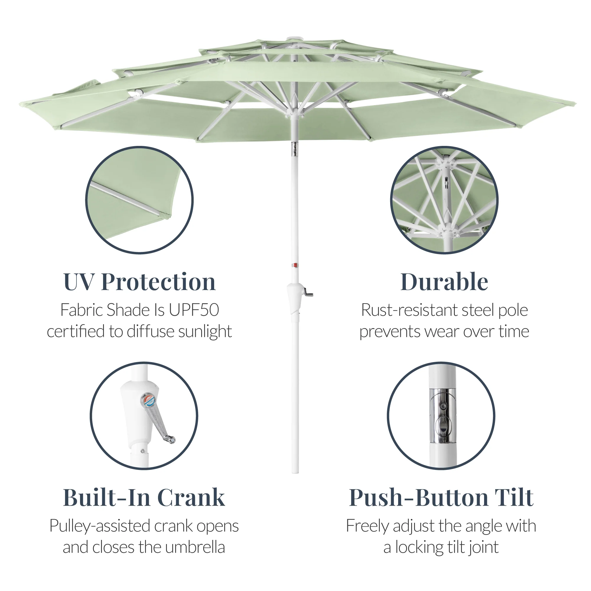 10ft 3-Tier Patio Market Umbrella White Pole, Push Button Tilt, Crank Lift - Image 14