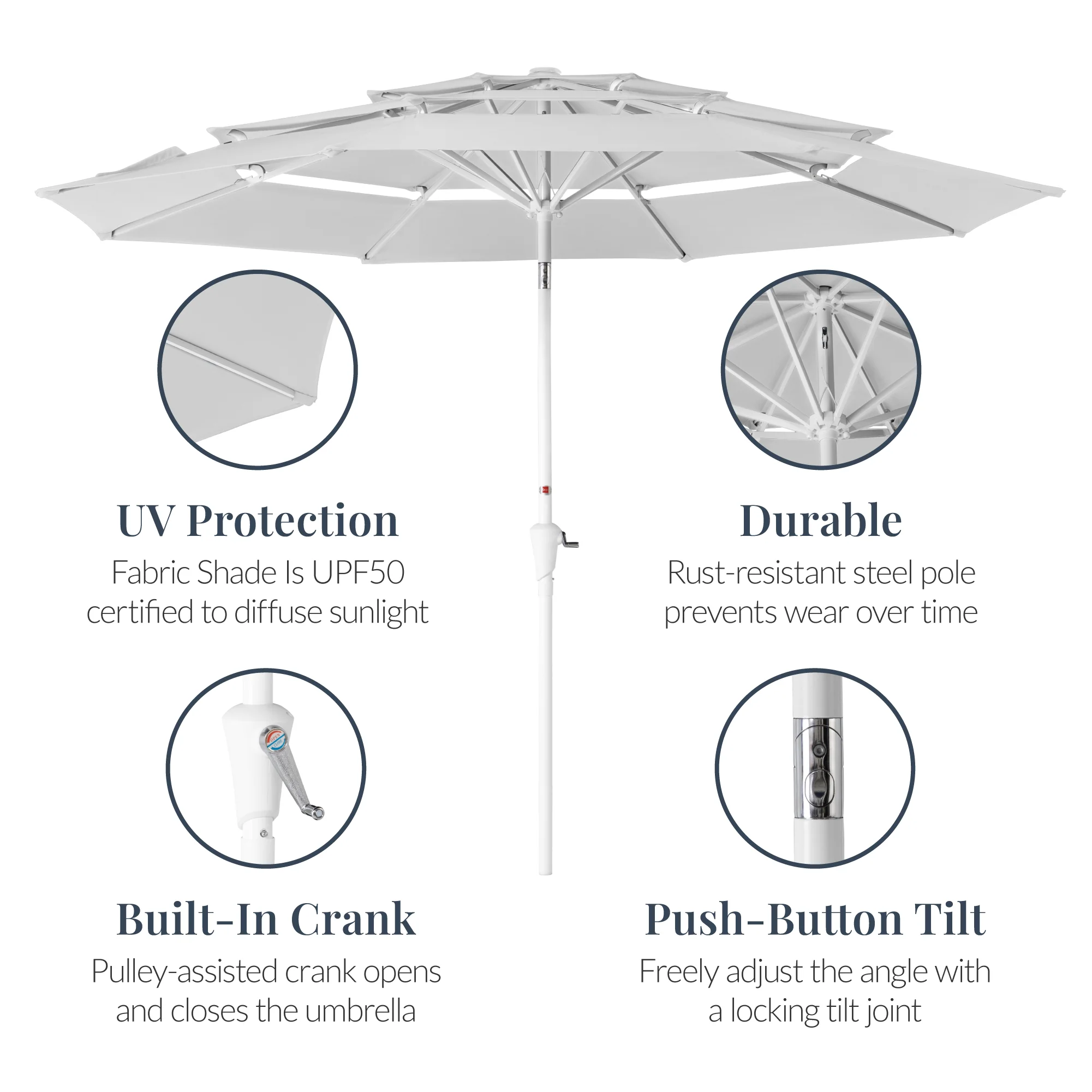 10ft 3-Tier Patio Market Umbrella White Pole, Push Button Tilt, Crank Lift - Image 35