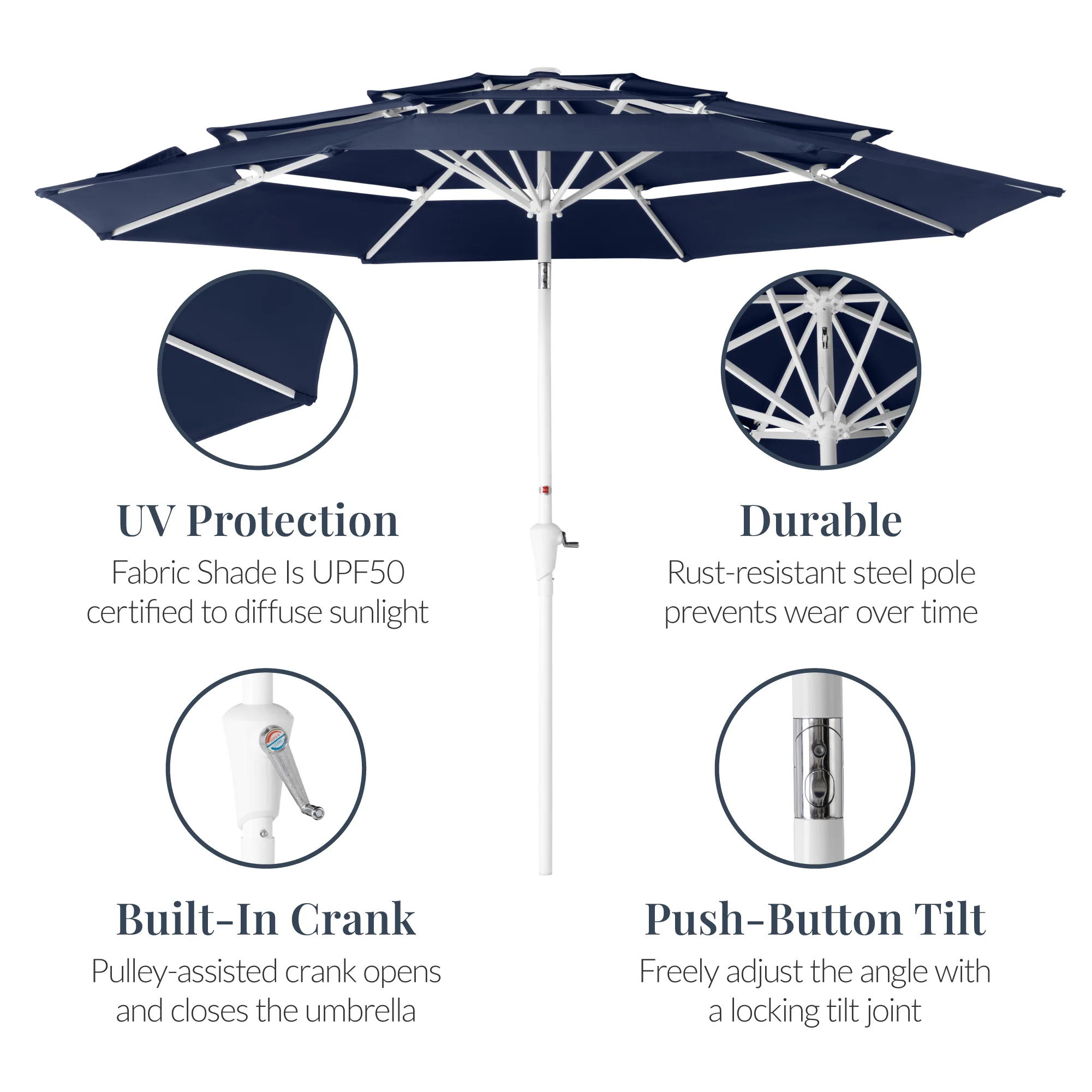 10ft 3-Tier Patio Market Umbrella White Pole, Push Button Tilt, Crank Lift - Image 7