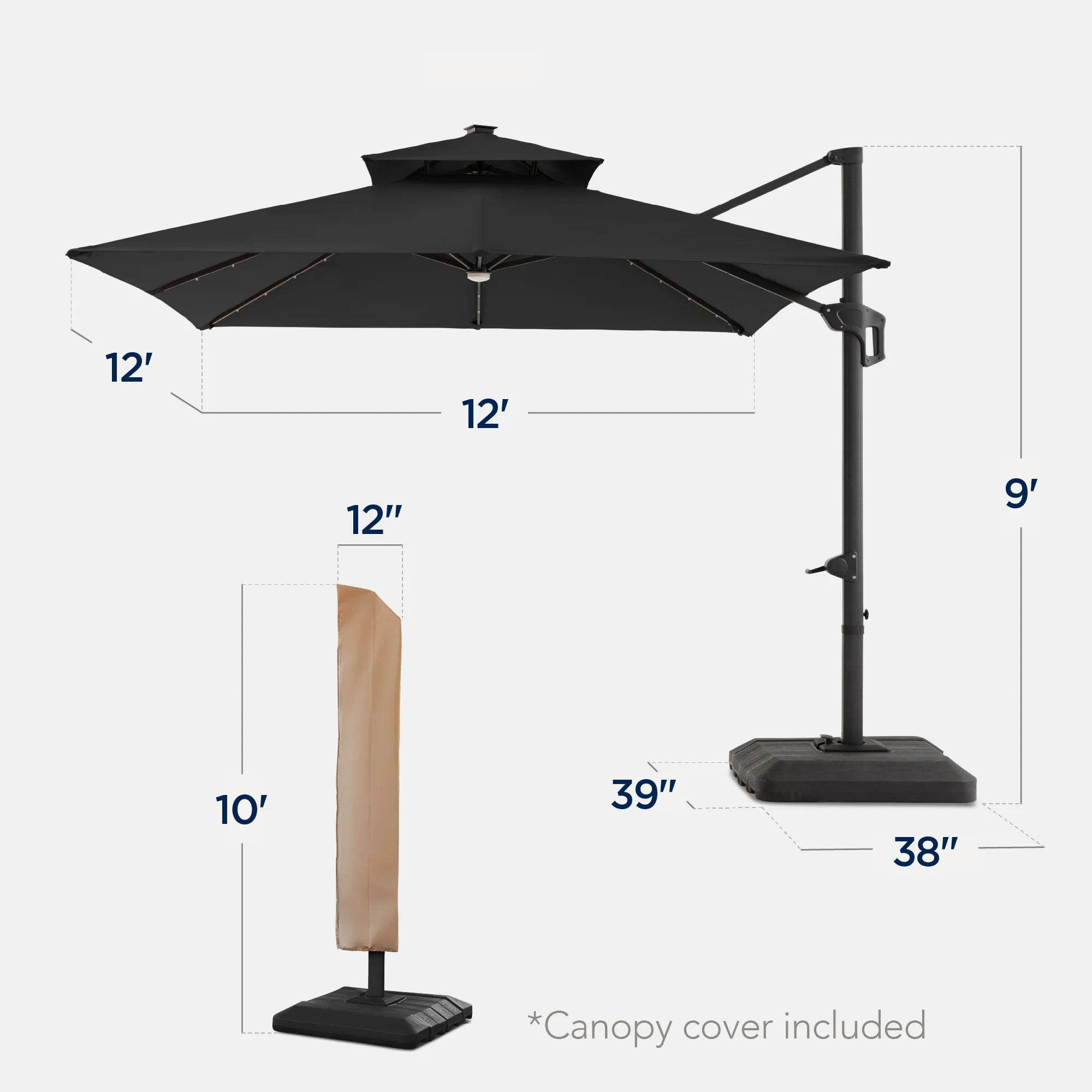 12x12ft 2-Tier Outdoor Solar LED Cantilever Patio Umbrella - Image 18