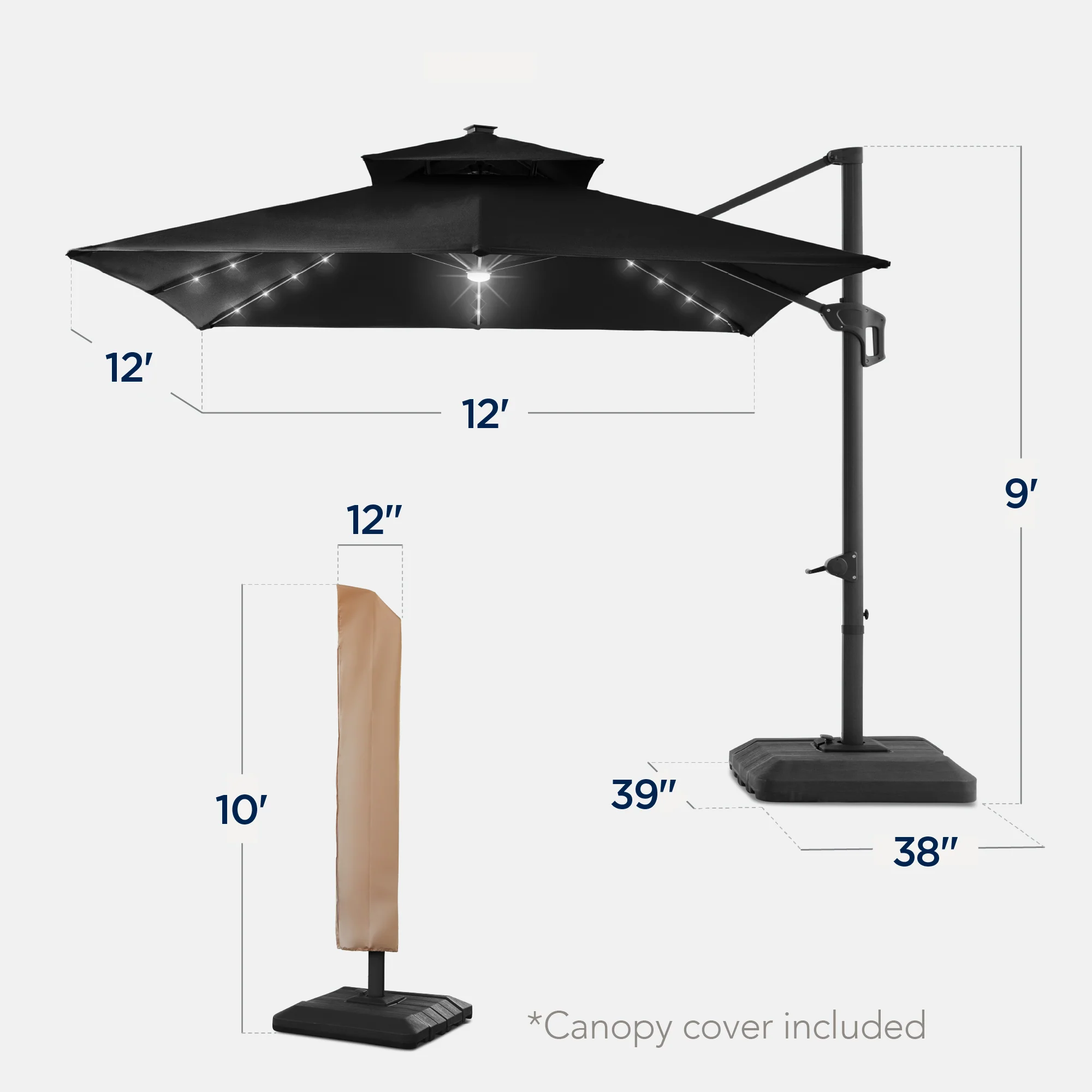12x12ft 2-Tier Outdoor Solar LED Cantilever Patio Umbrella - Image 26