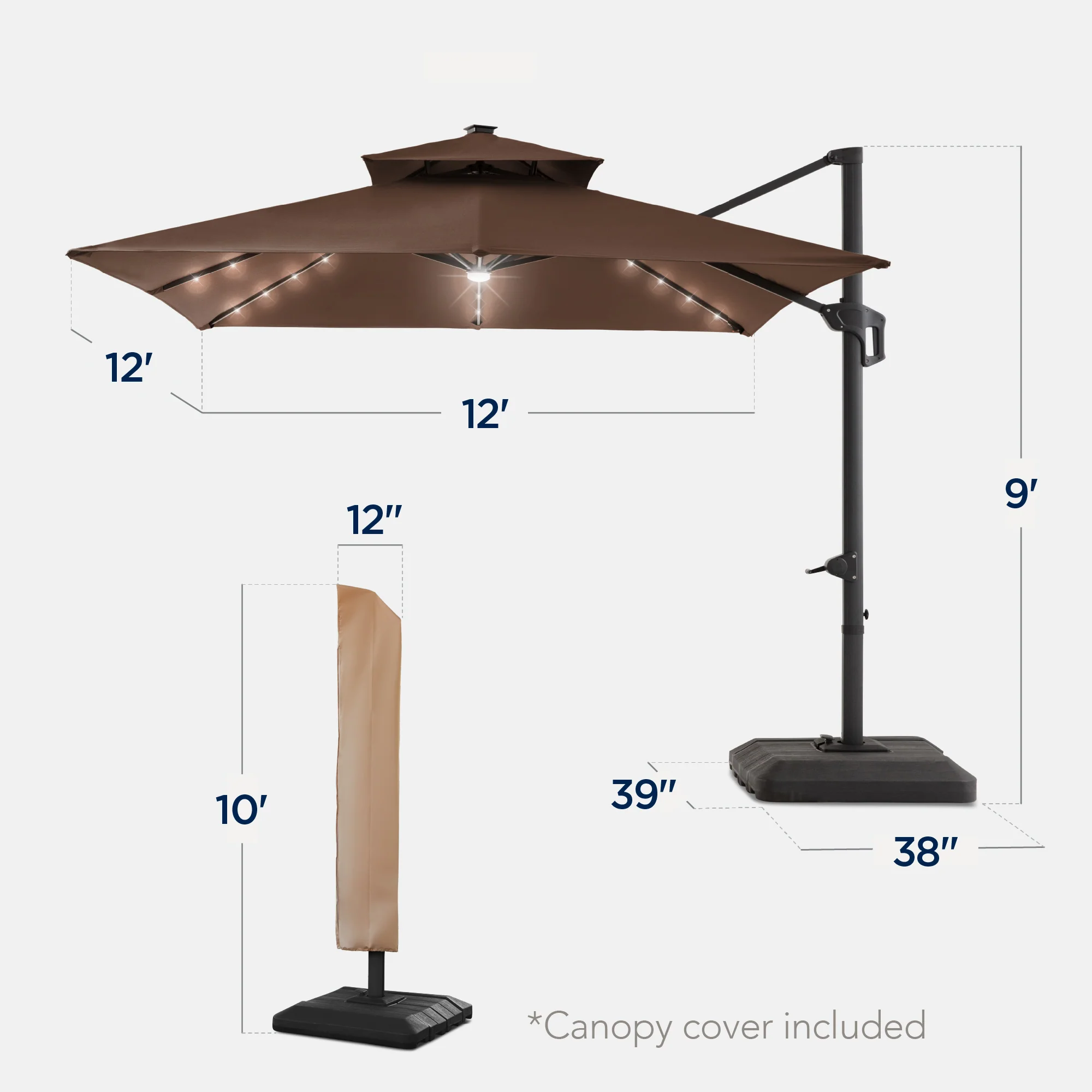 12x12ft 2-Tier Outdoor Solar LED Cantilever Patio Umbrella - Image 90