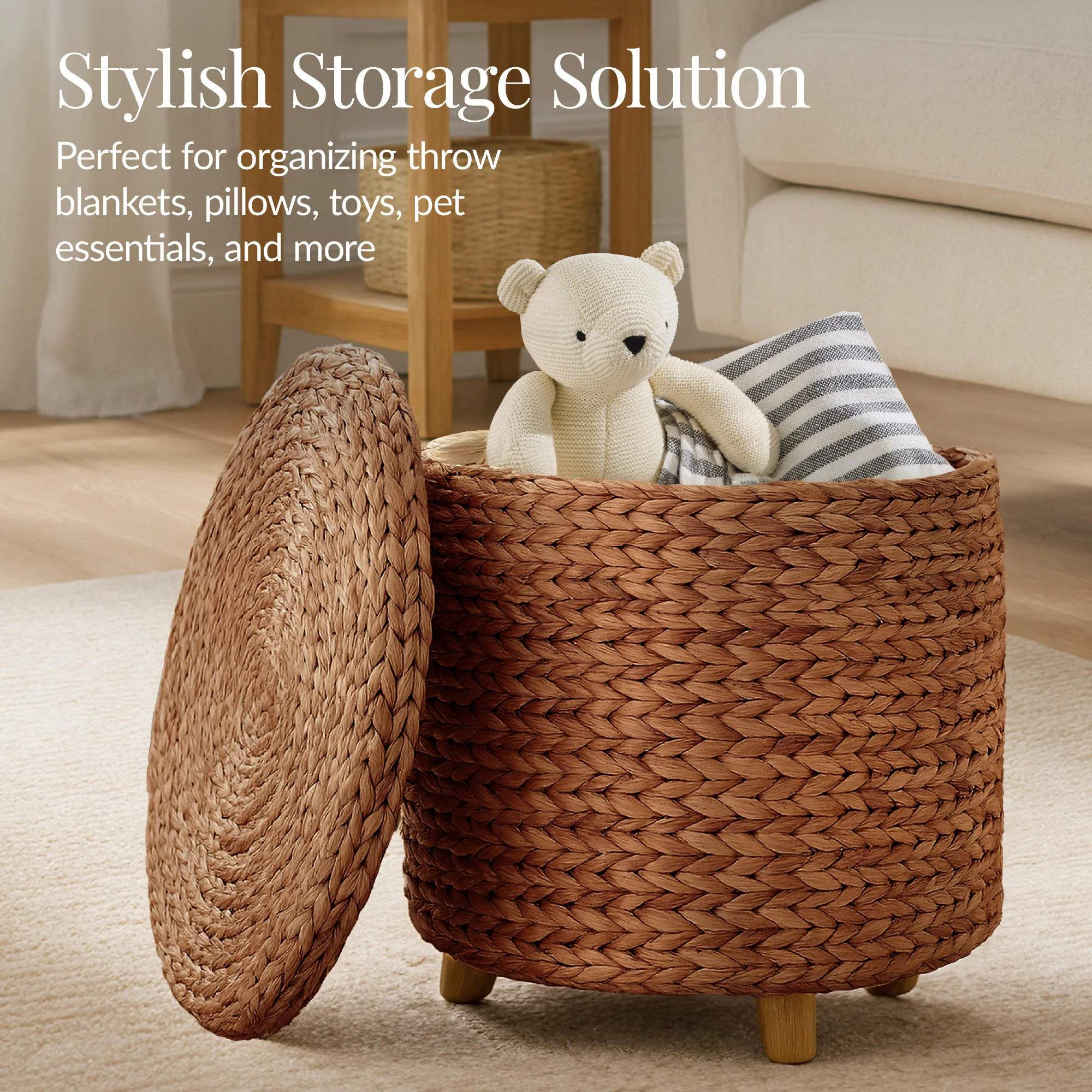 17" Round Storage Ottoman with Lid, Handwoven Water Hyacinth Footstool - Image 11