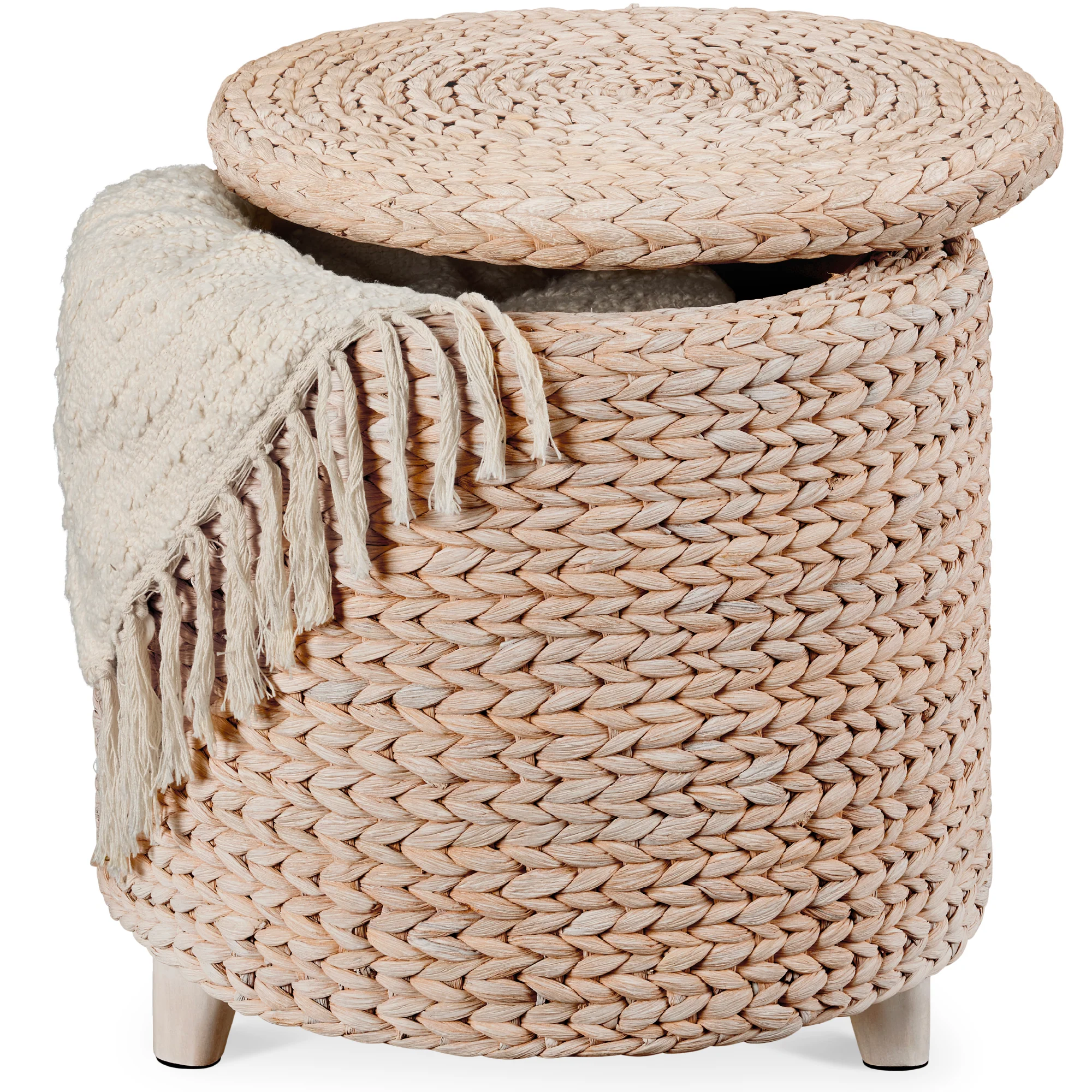 17" Round Storage Ottoman with Lid, Handwoven Water Hyacinth Footstool - Image 17