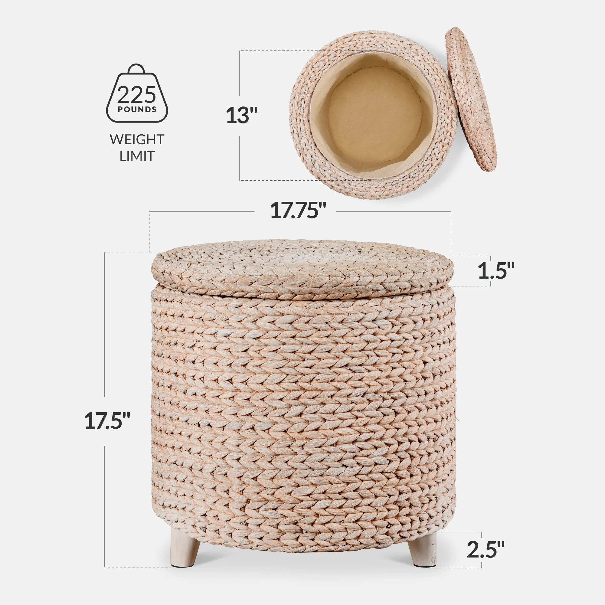17" Round Storage Ottoman with Lid, Handwoven Water Hyacinth Footstool - Image 18