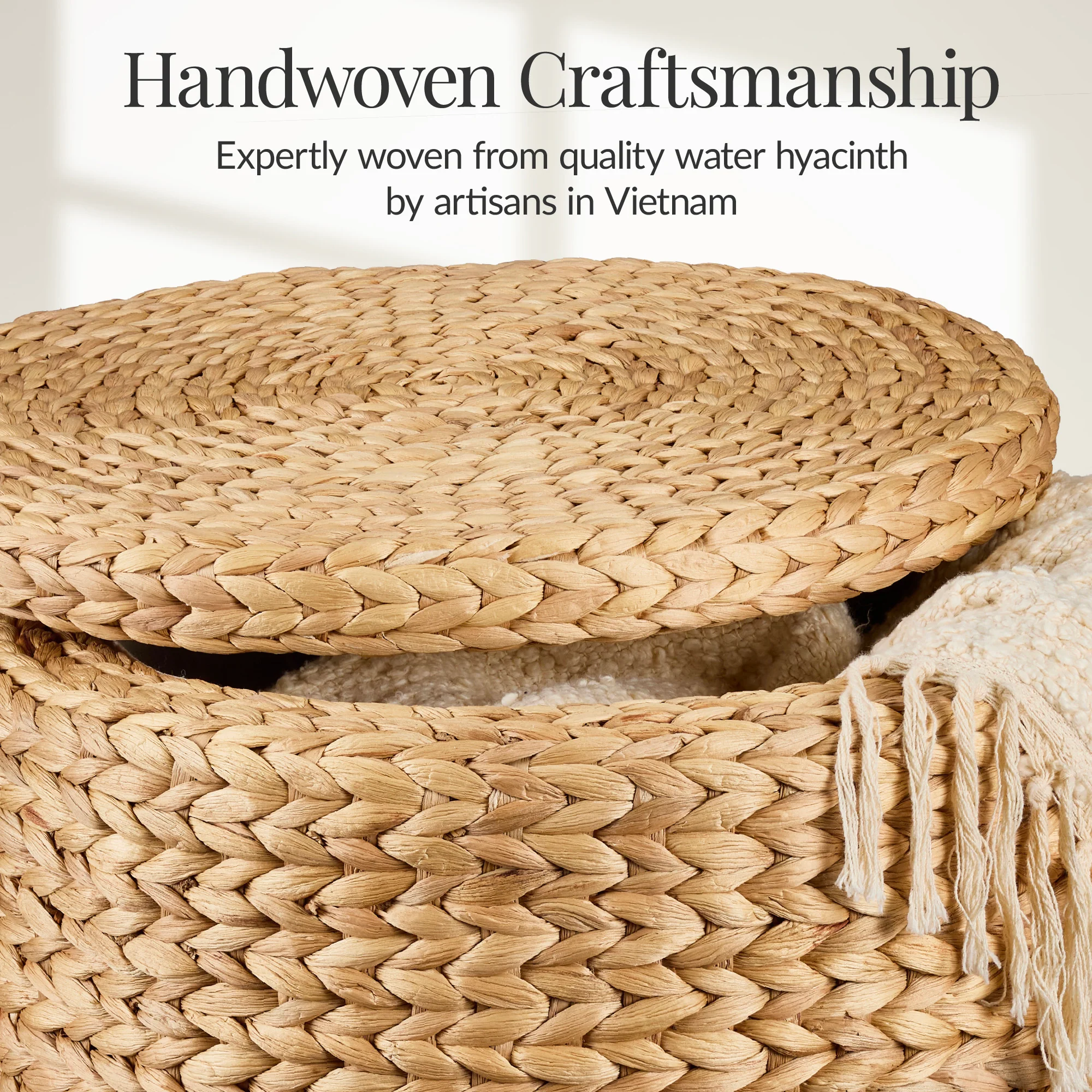 17" Round Storage Ottoman with Lid, Handwoven Water Hyacinth Footstool - Image 4