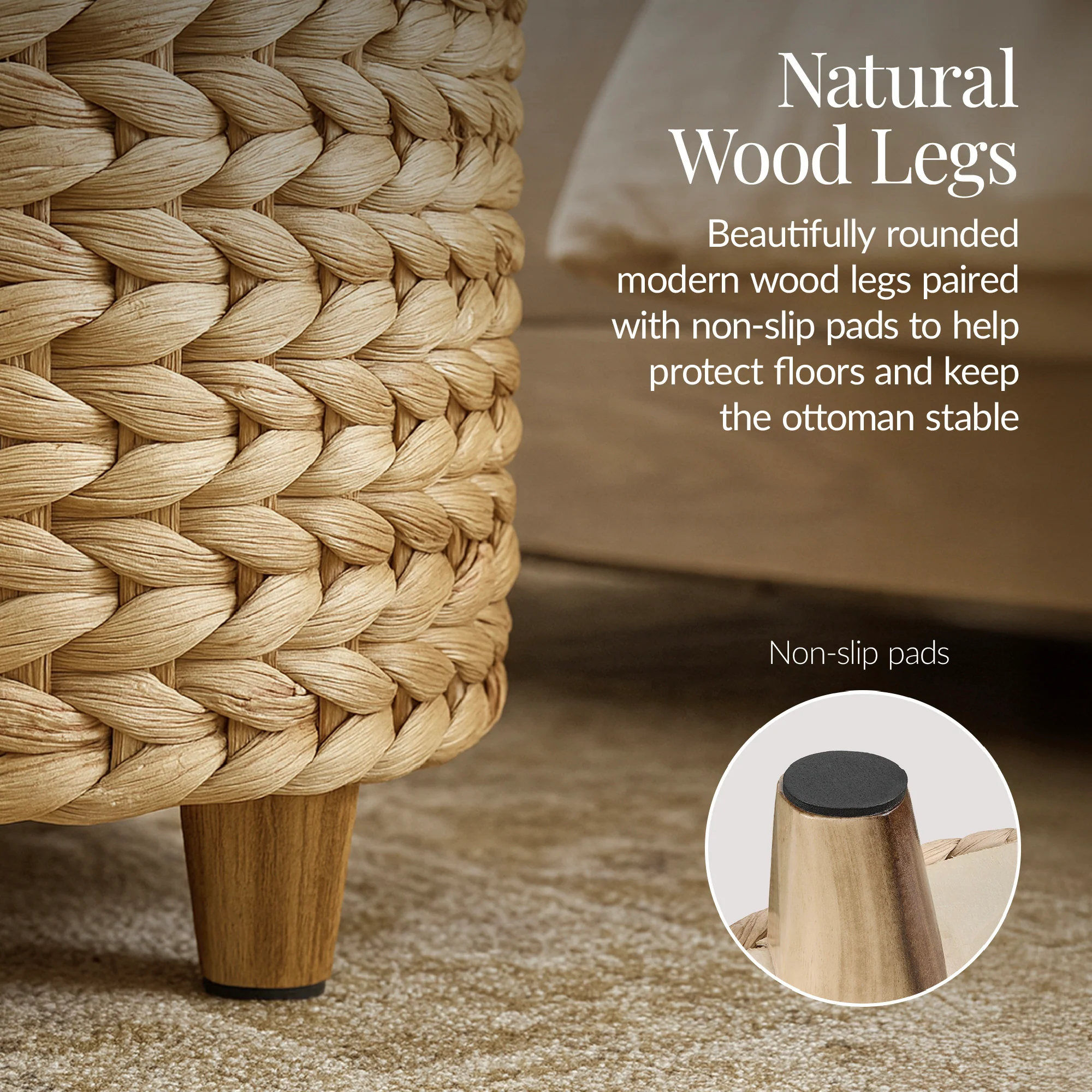 17" Round Storage Ottoman with Lid, Handwoven Water Hyacinth Footstool - Image 7