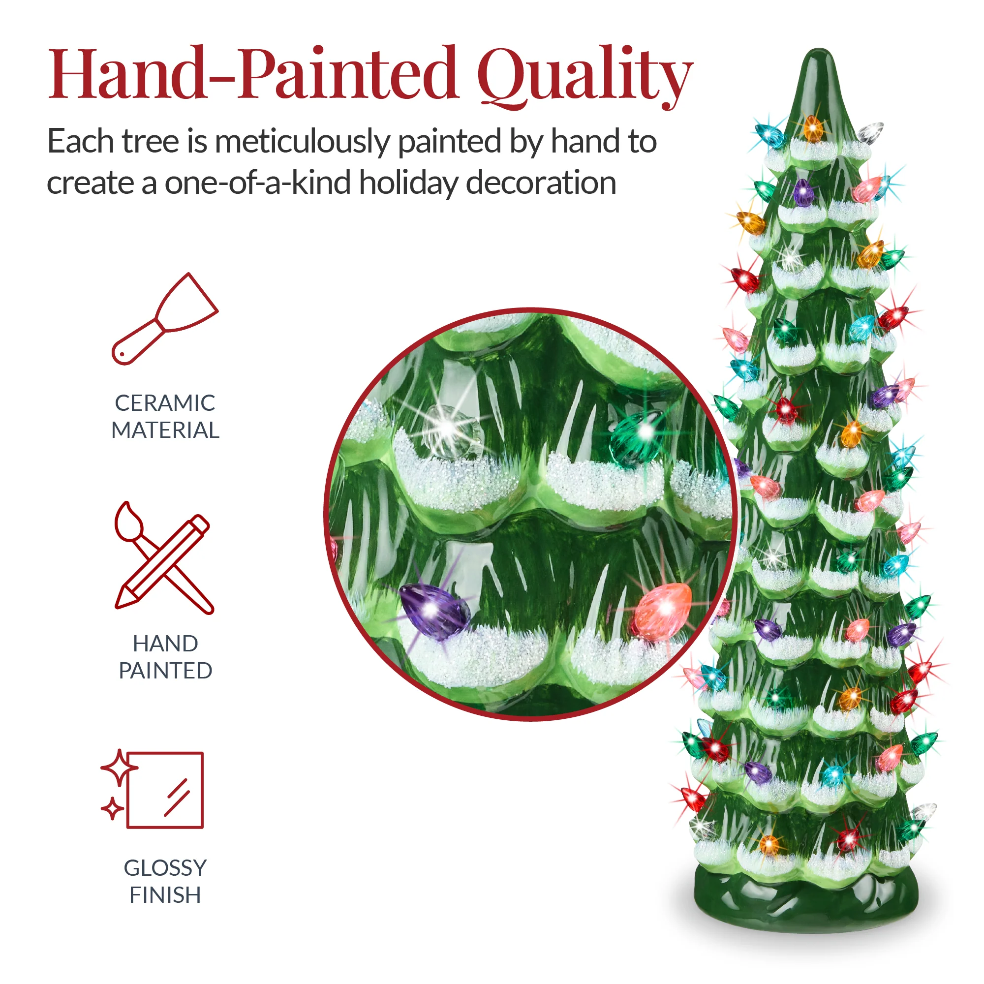 18in Ceramic Christmas Tree, Hand-Painted Holiday Decor w/ LED Lights - Image 11