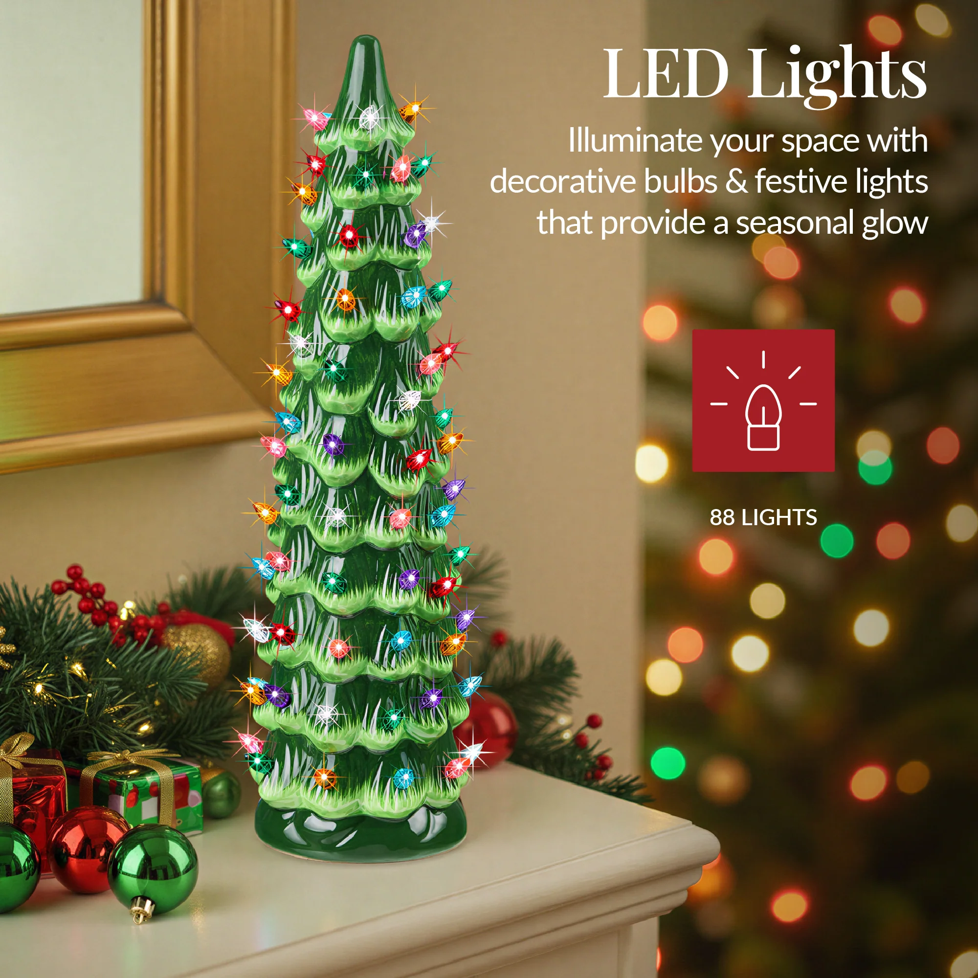 18in Ceramic Christmas Tree, Hand-Painted Holiday Decor w/ LED Lights - Image 4