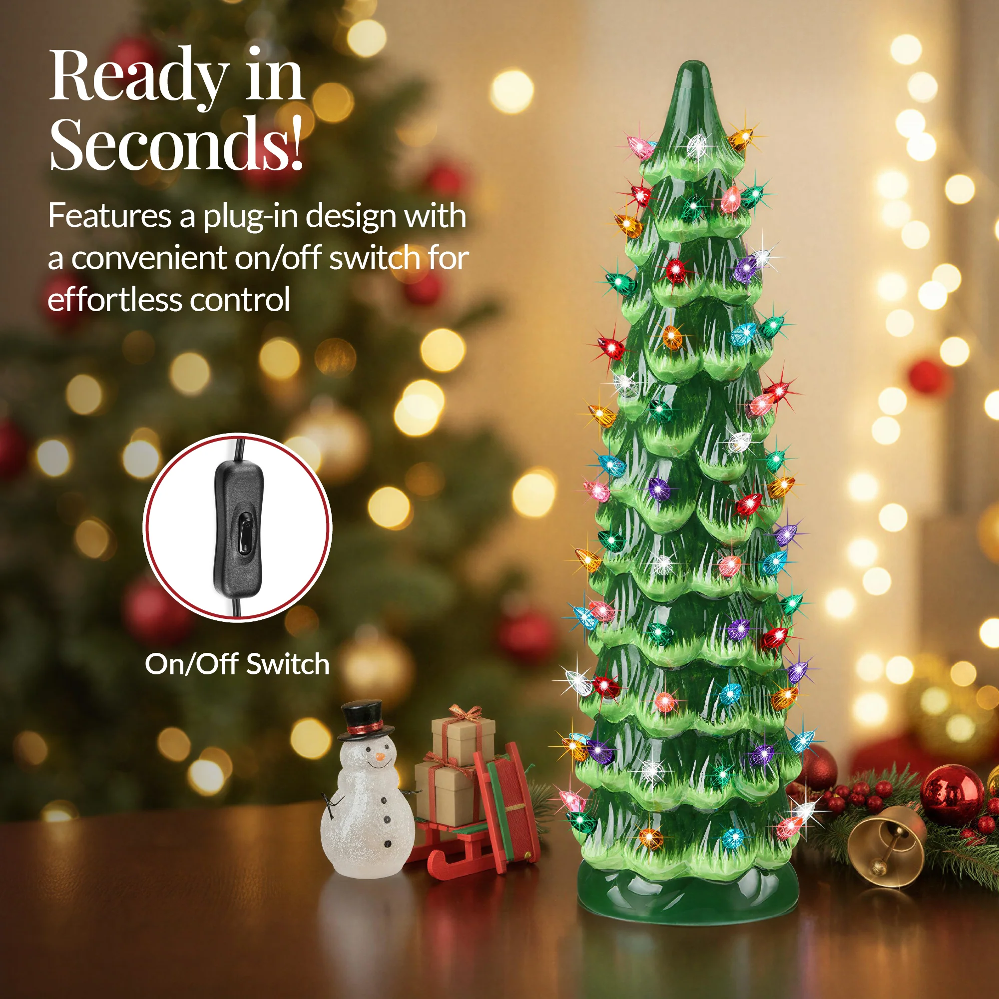 18in Ceramic Christmas Tree, Hand-Painted Holiday Decor w/ LED Lights - Image 5