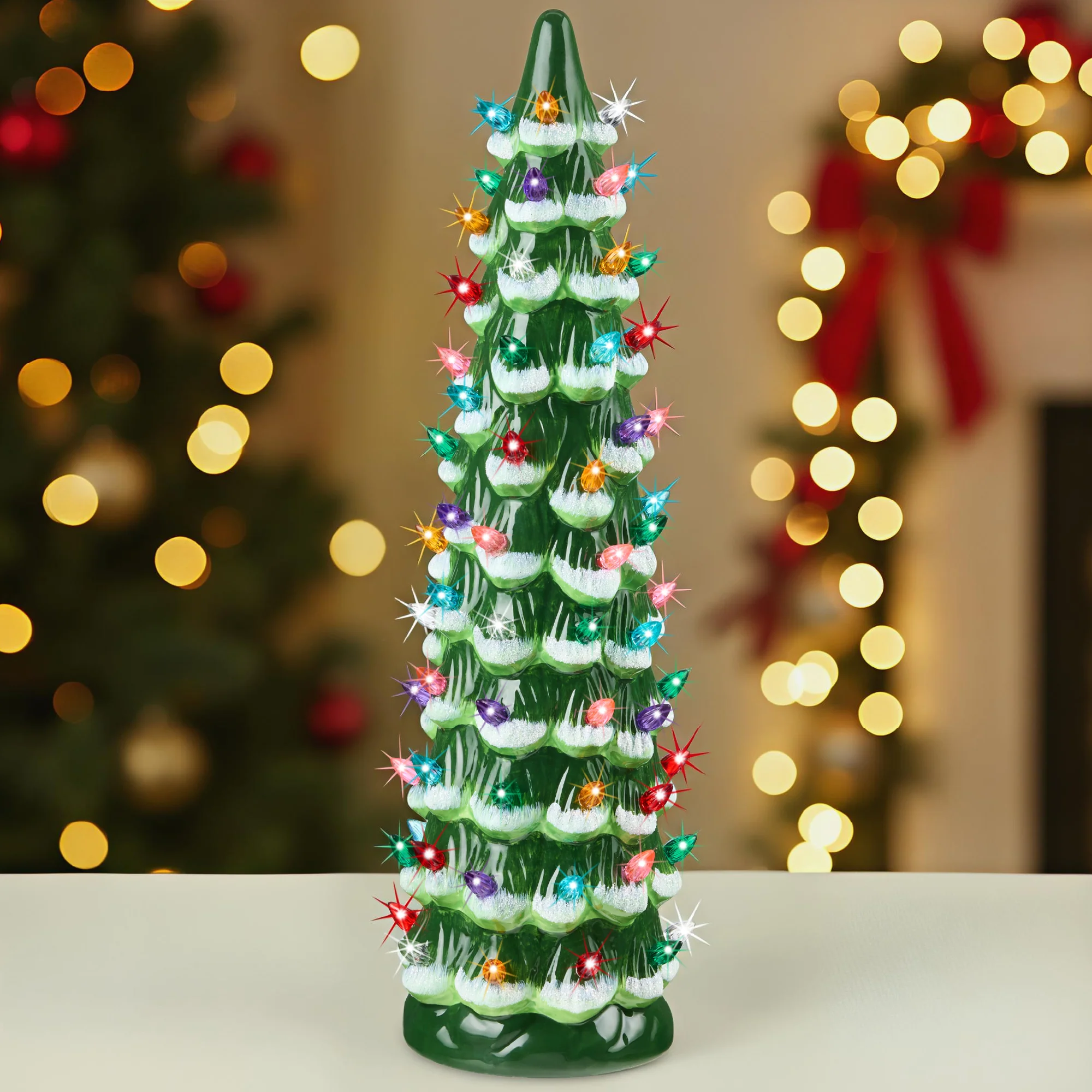 18in Ceramic Christmas Tree, Hand-Painted Holiday Decor w/ LED Lights - Image 9