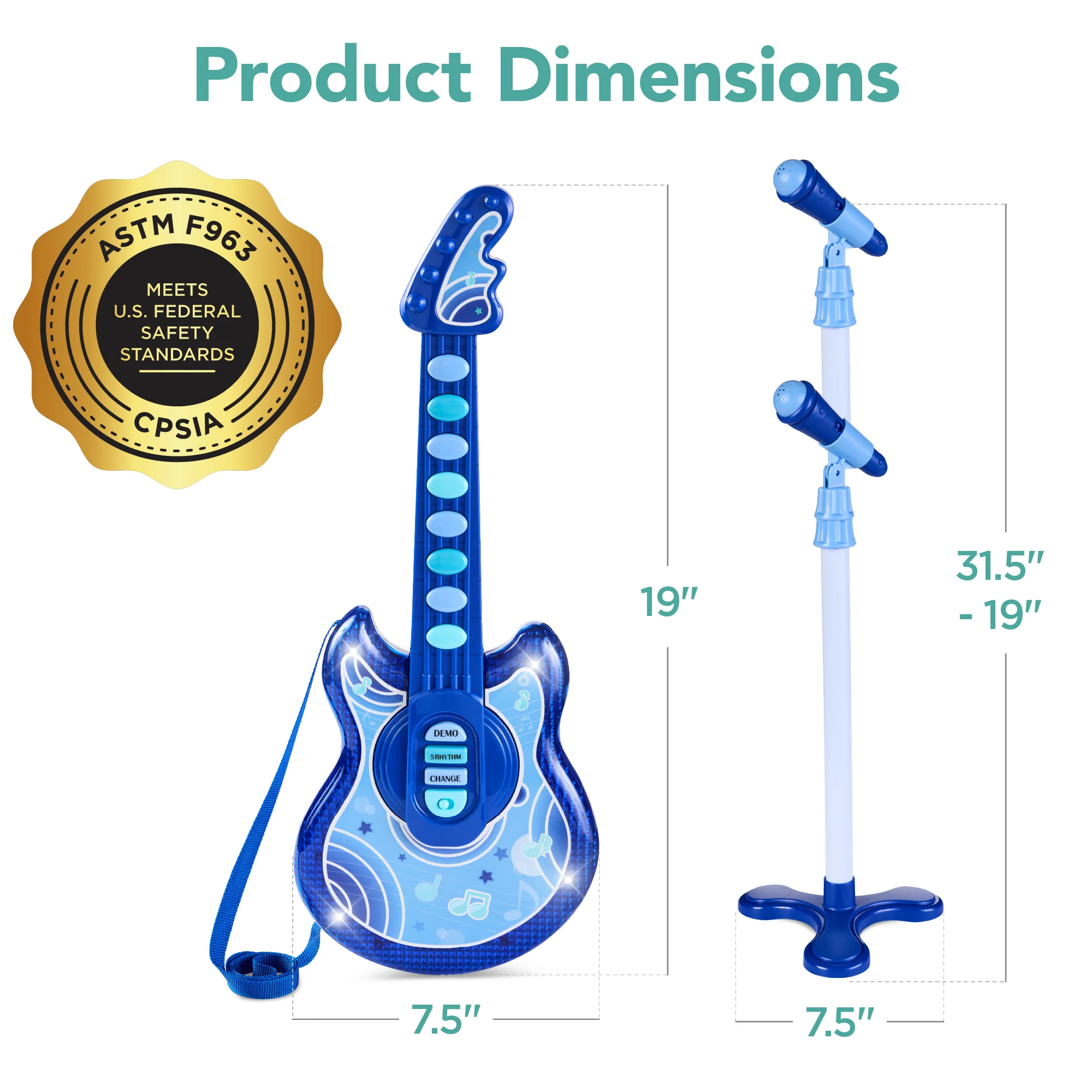 Kids Pretend Play Guitar Musical Instrument Toy w/ Microphone, Stand - 19in - Image 14