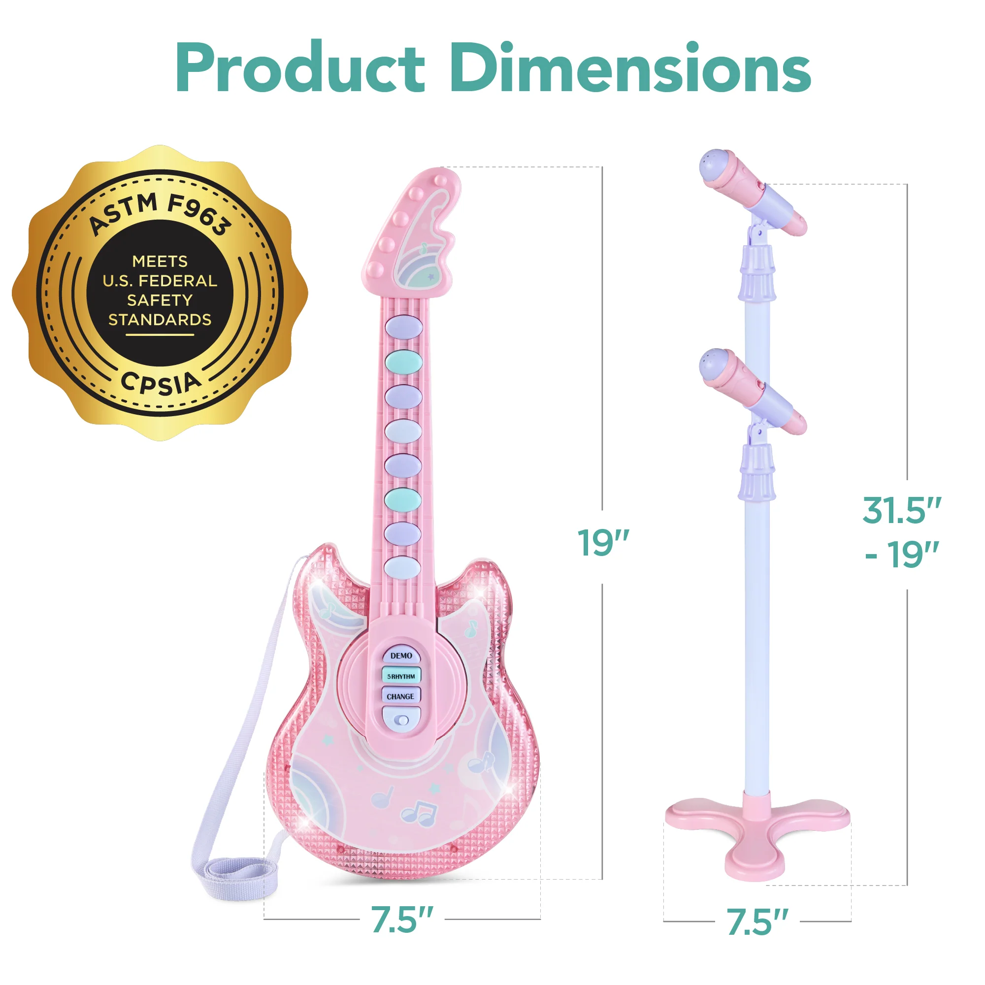 Kids Pretend Play Guitar Musical Instrument Toy w/ Microphone, Stand - 19in - Image 21
