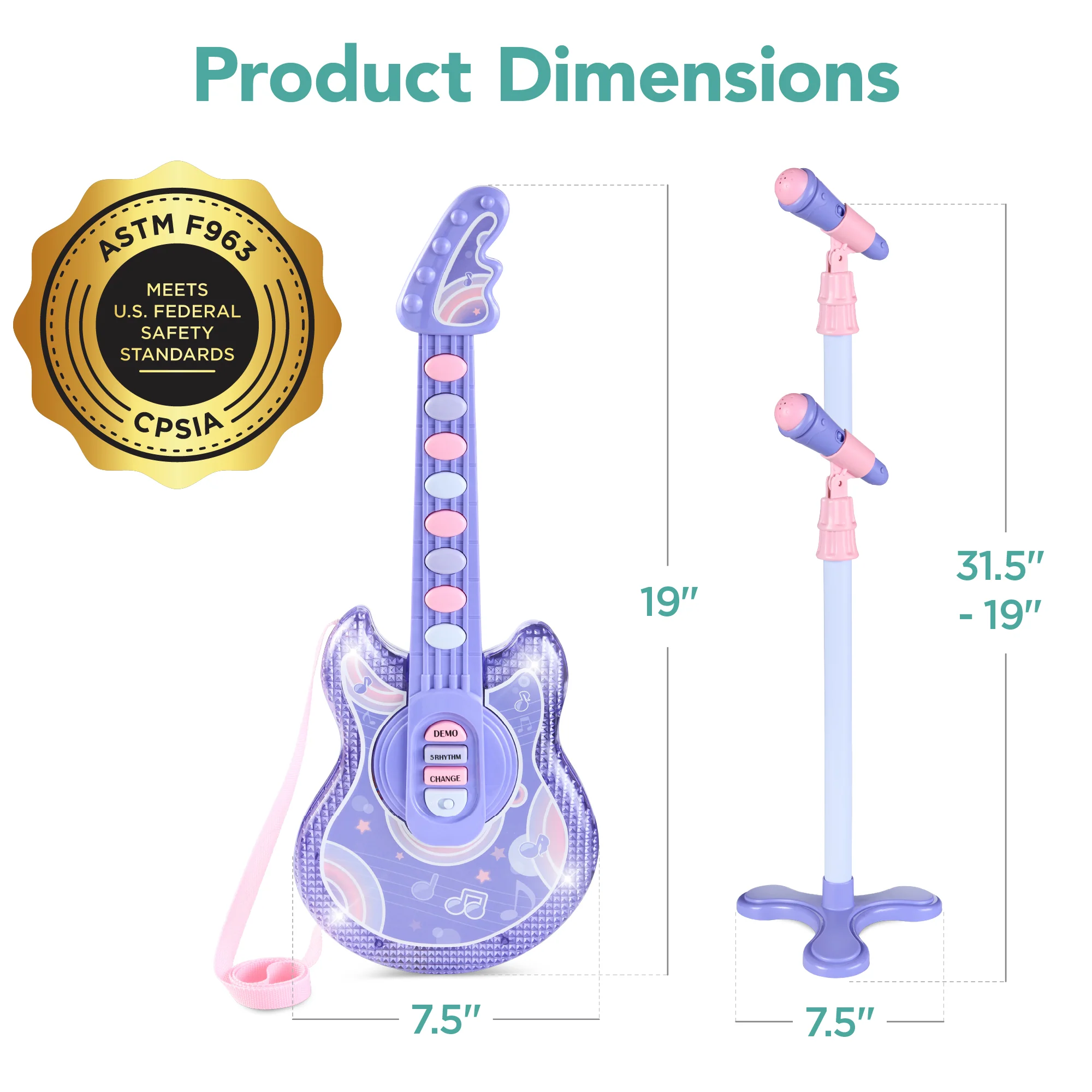 Kids Pretend Play Guitar Musical Instrument Toy w/ Microphone, Stand - 19in - Image 28