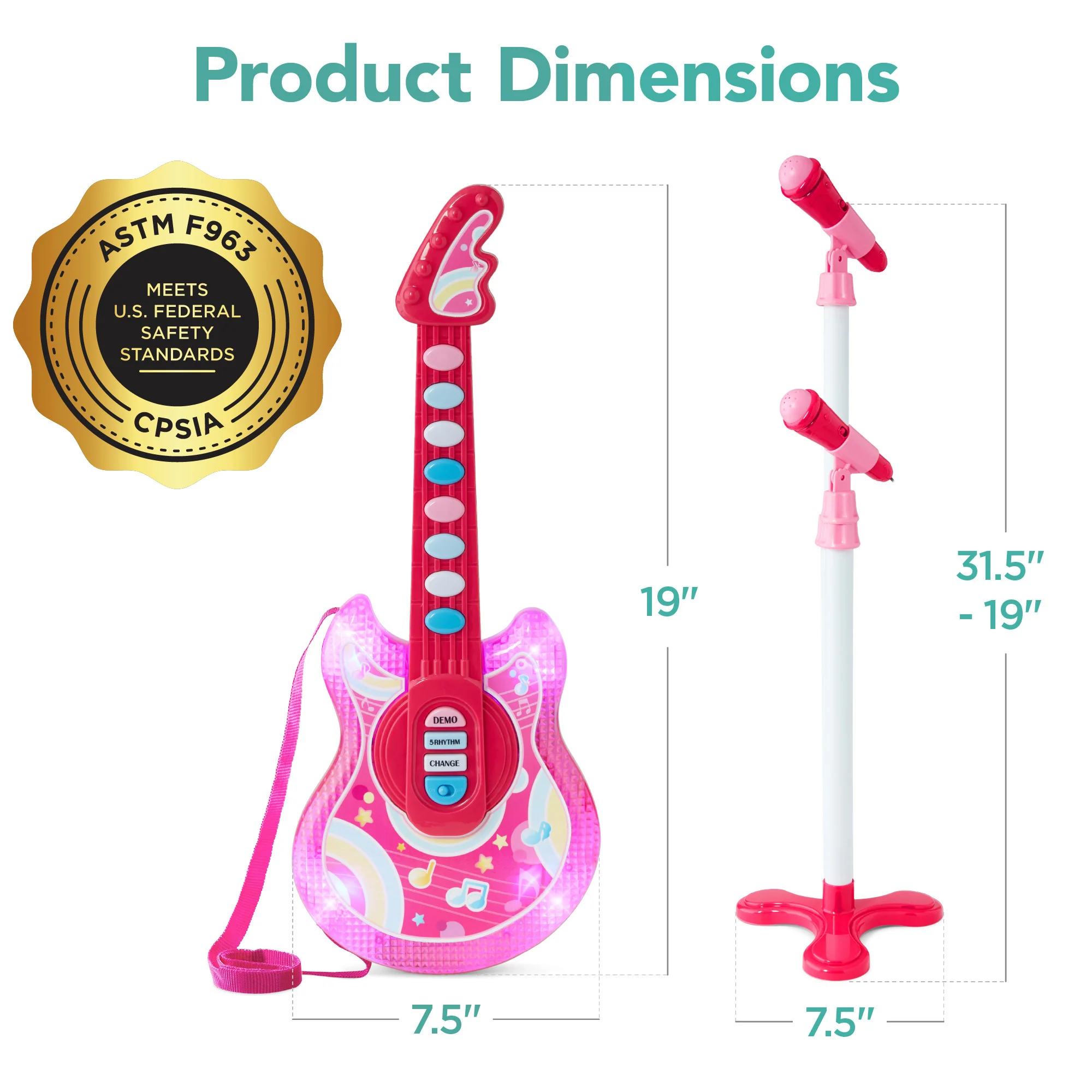 Kids Pretend Play Guitar Musical Instrument Toy w/ Microphone, Stand - 19in - Image 42