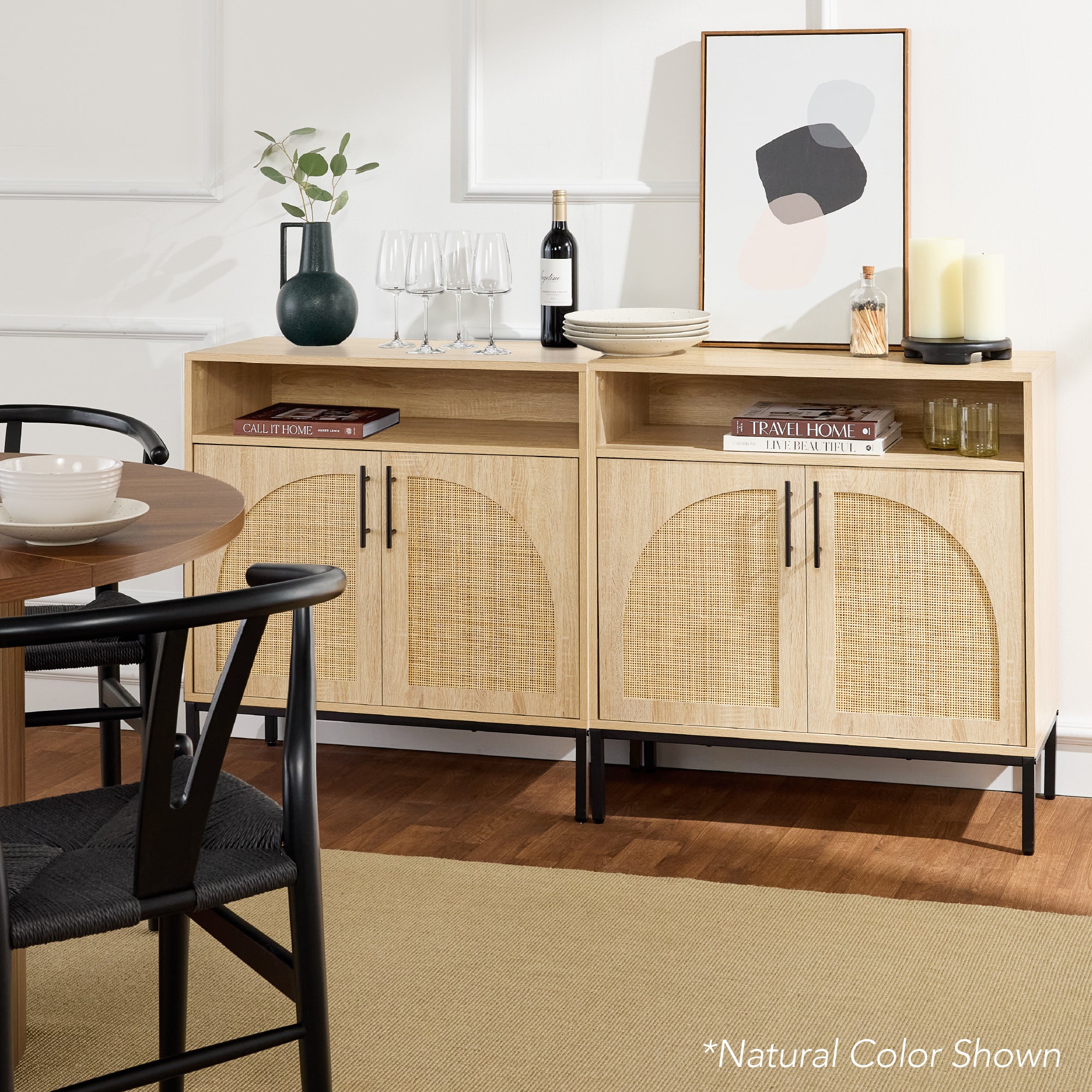 2-Door Rattan Cabinet, Buffet, w/ Cord Cutout & Storage Shelf, Natural - Image 10