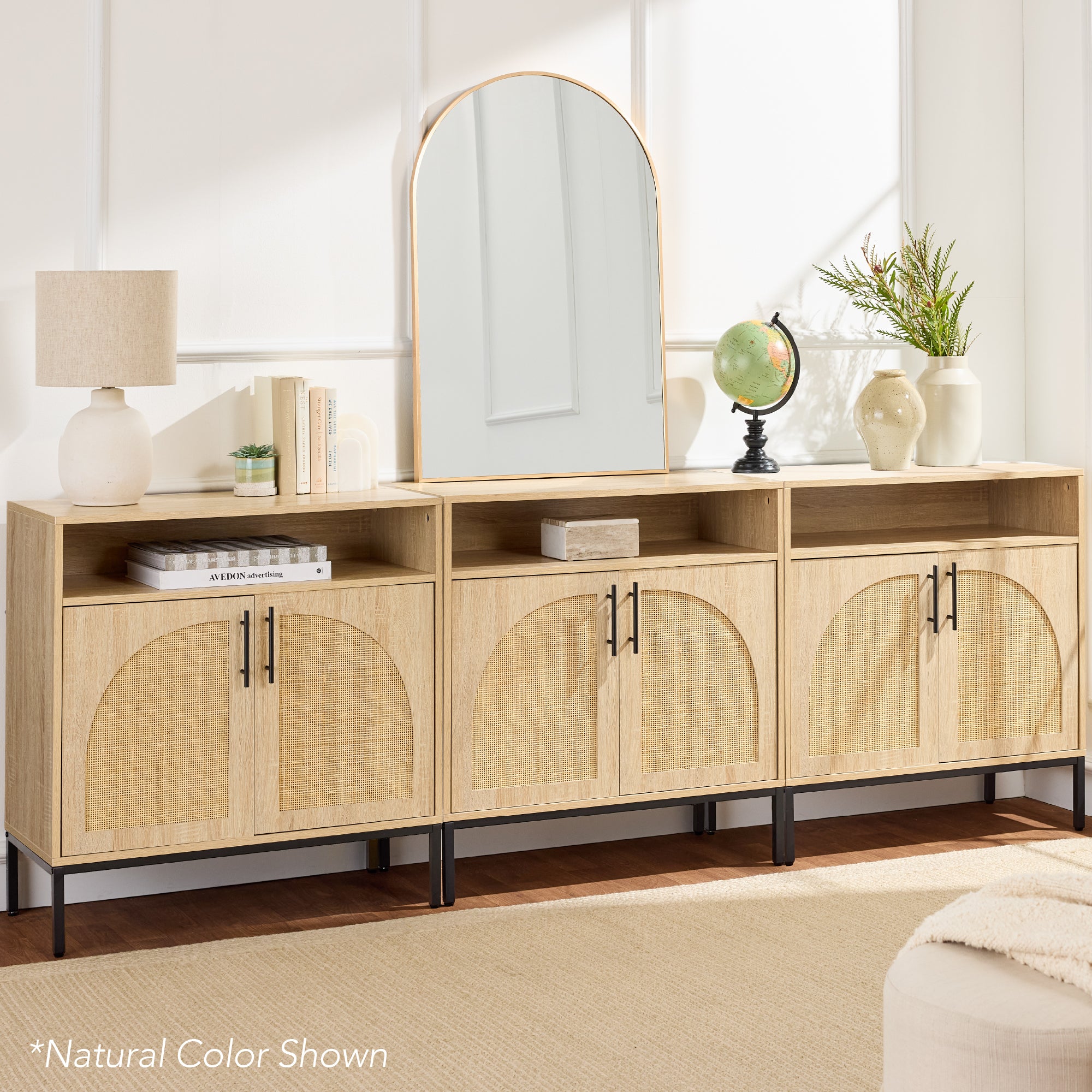 2-Door Rattan Cabinet, Buffet, w/ Cord Cutout & Storage Shelf, Natural - Image 11