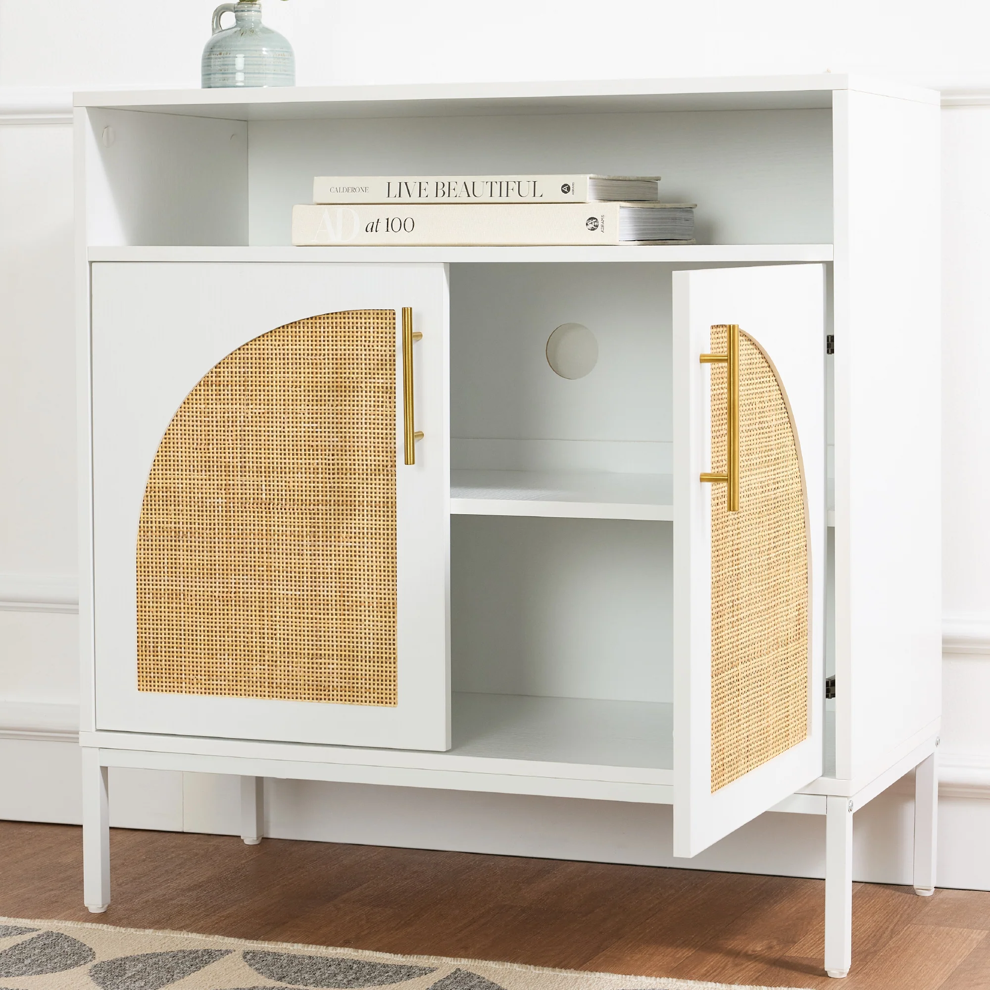 2-Door Rattan Cabinet, Buffet, w/ Cord Cutout & Storage Shelf, Natural - Image 12