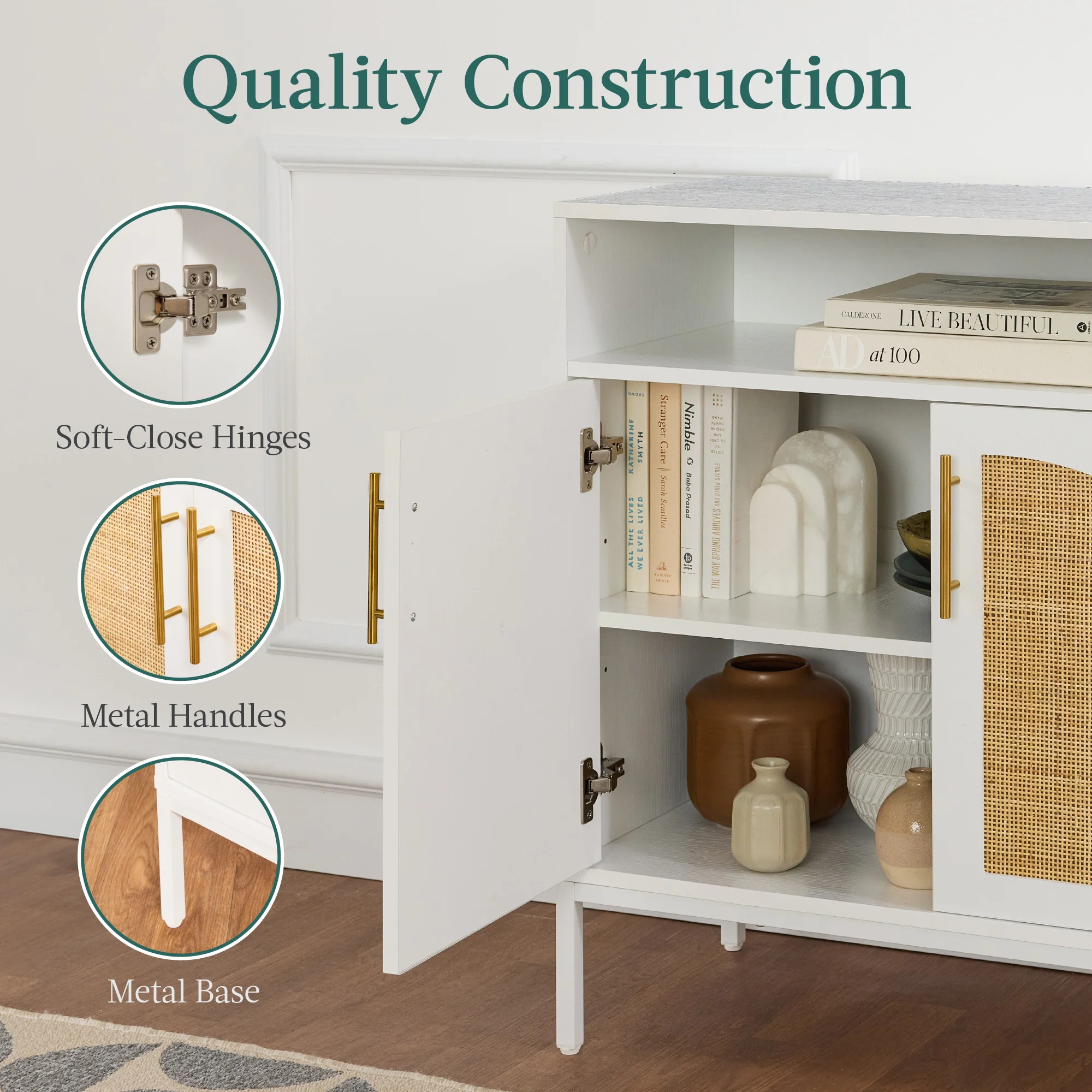 2-Door Rattan Cabinet, Buffet, w/ Cord Cutout & Storage Shelf, Natural - Image 14