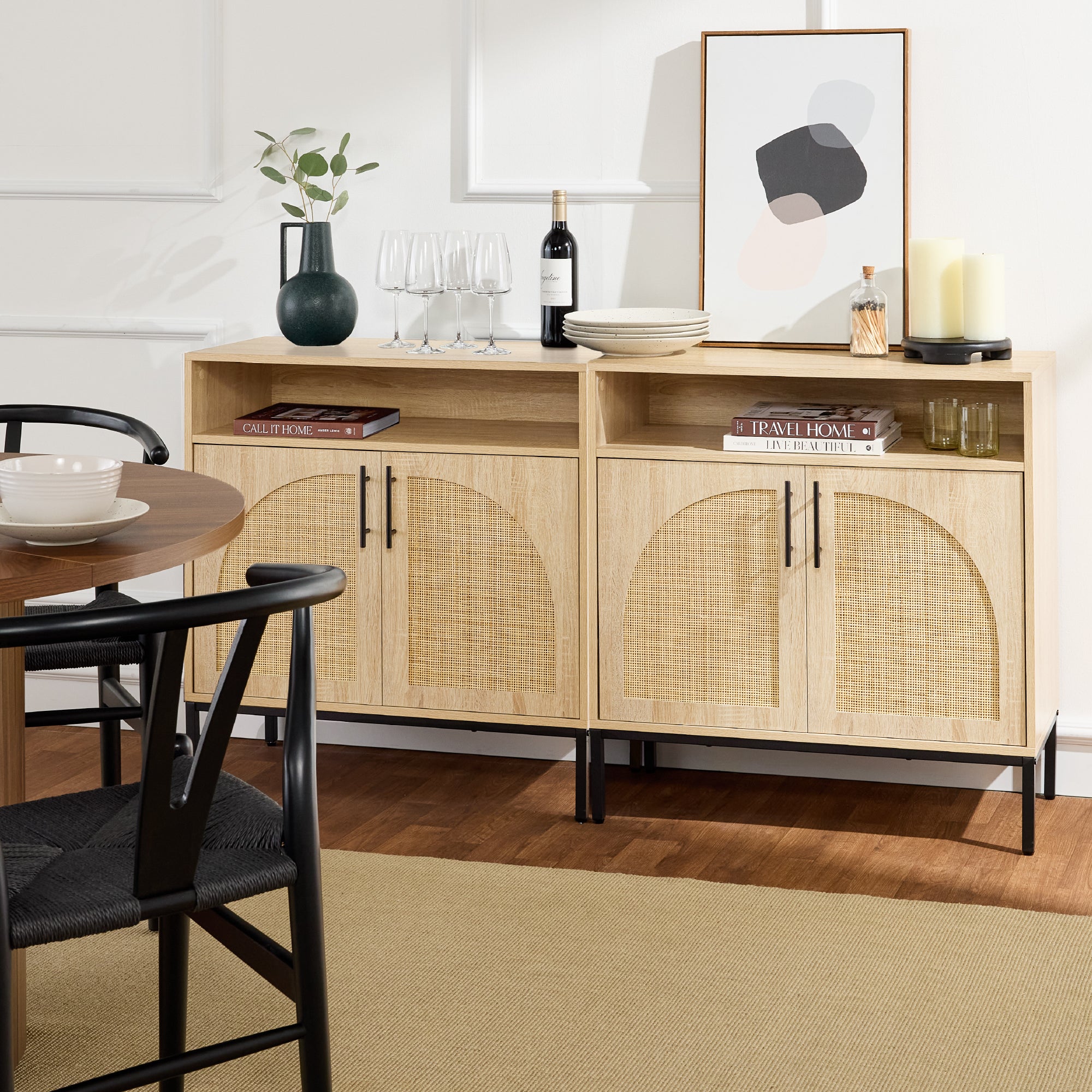 2-Door Rattan Cabinet, Buffet, w/ Cord Cutout & Storage Shelf, Natural - Image 18