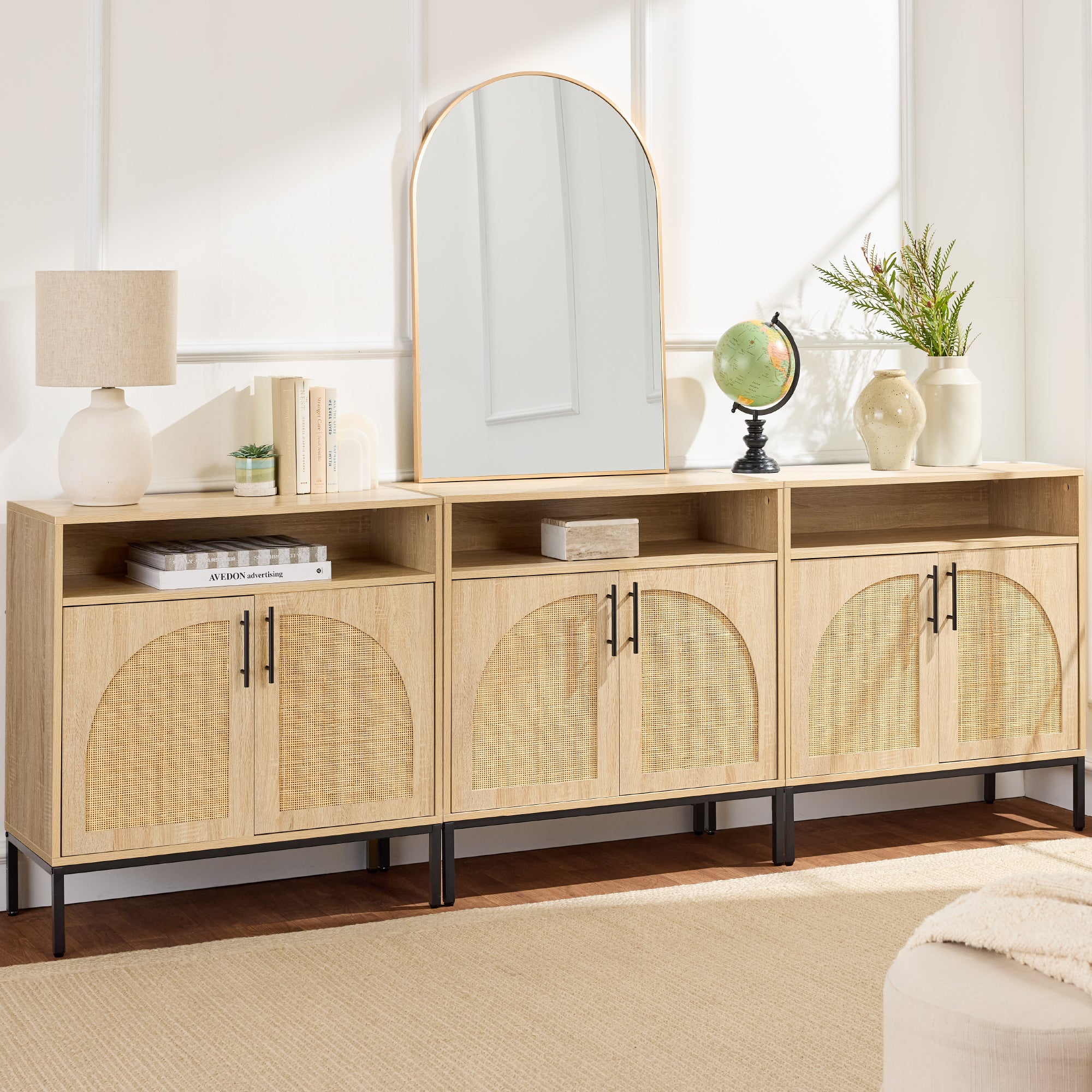 2-Door Rattan Cabinet, Buffet, w/ Cord Cutout & Storage Shelf, Natural - Image 19