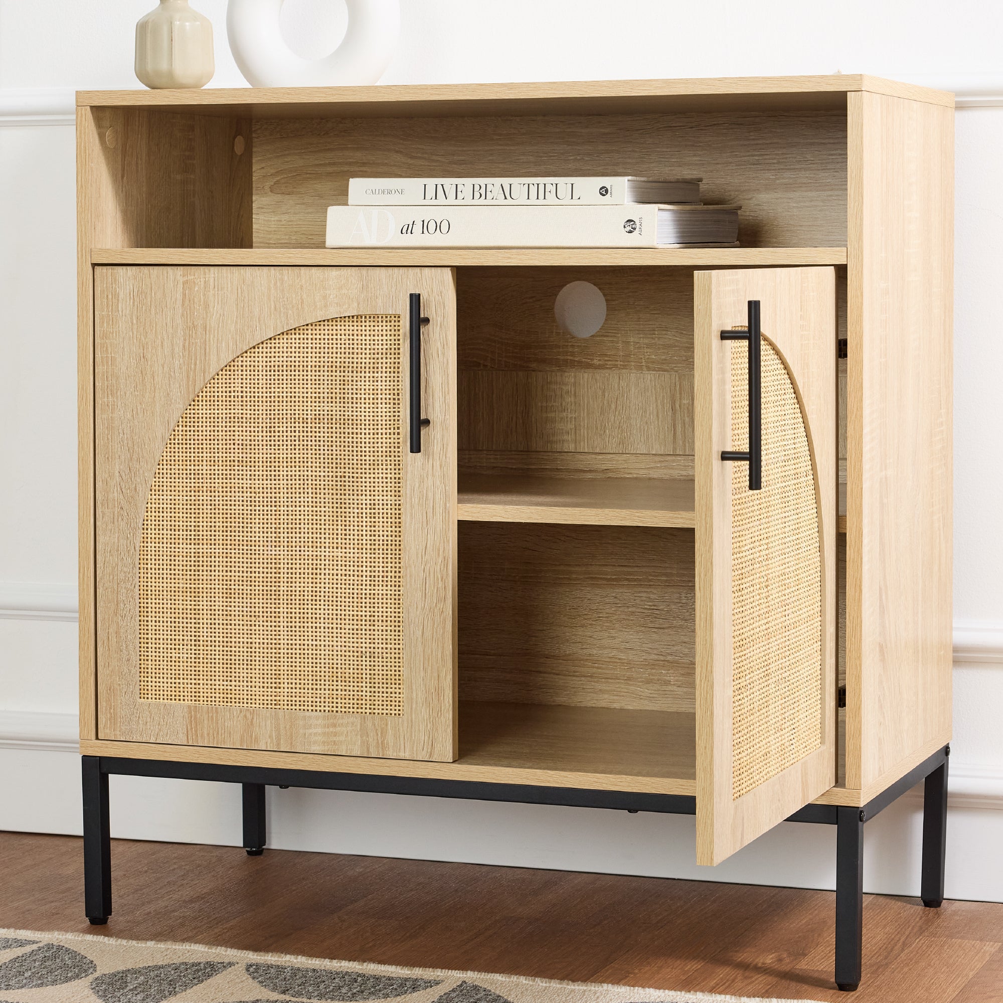 2-Door Rattan Cabinet, Buffet, w/ Cord Cutout & Storage Shelf, Natural - Image 20