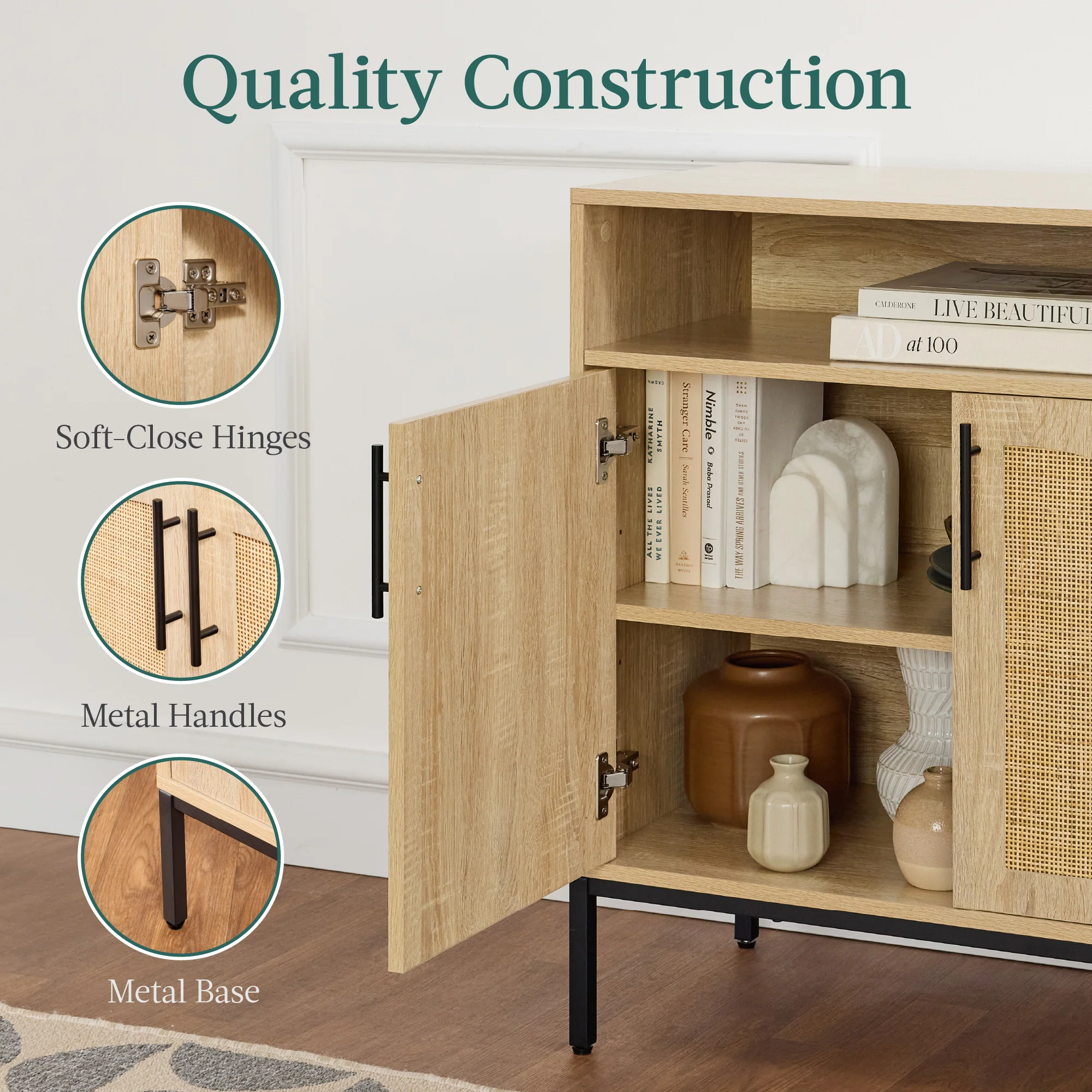 2-Door Rattan Cabinet, Buffet, w/ Cord Cutout & Storage Shelf, Natural - Image 22
