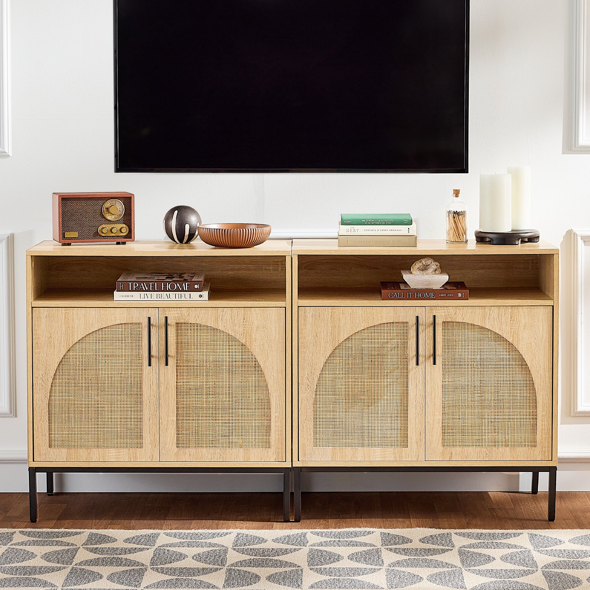 2-Door Rattan Cabinet, Buffet, w/ Cord Cutout & Storage Shelf, Natural - Image 23