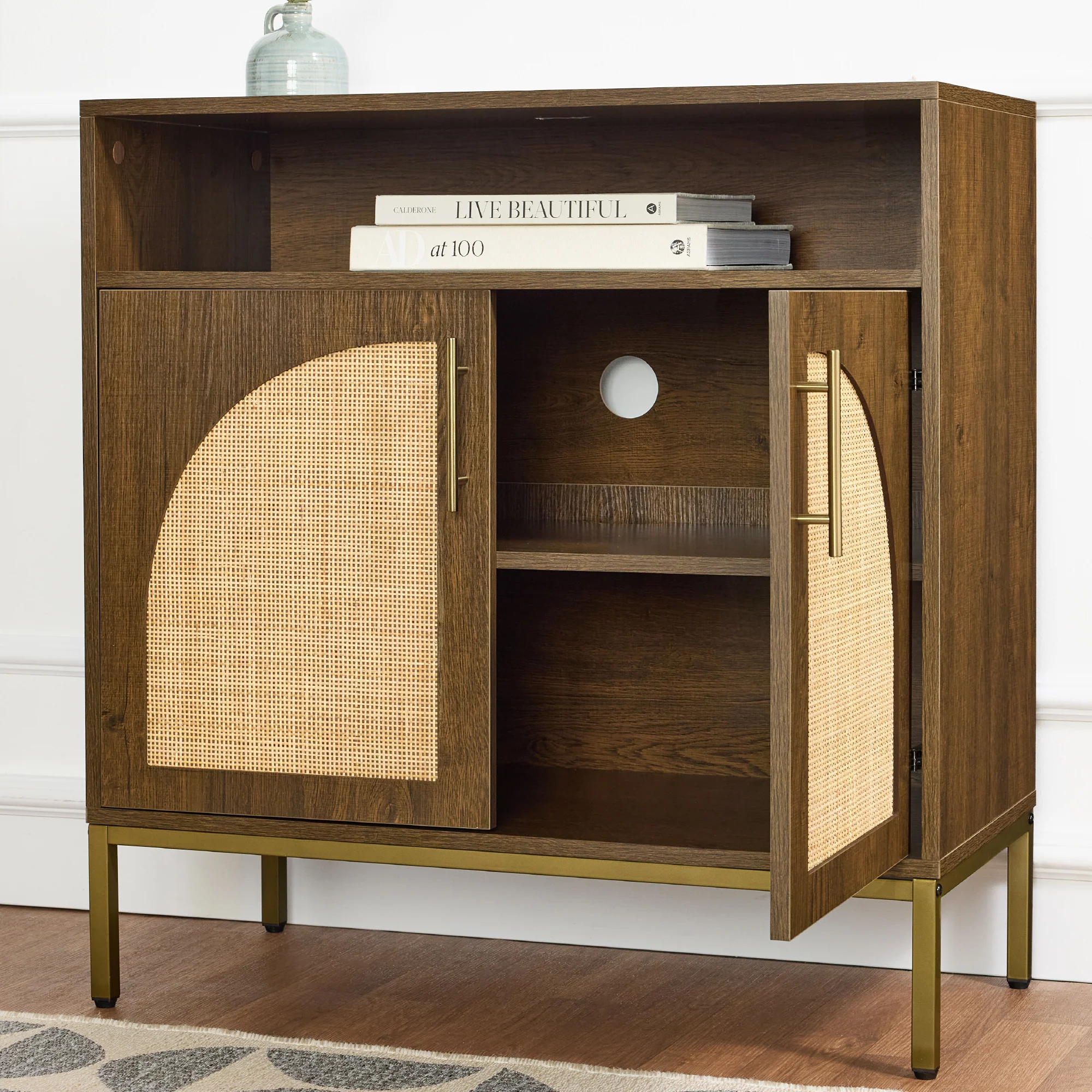 2-Door Rattan Cabinet, Buffet, w/ Cord Cutout & Storage Shelf, Natural - Image 28