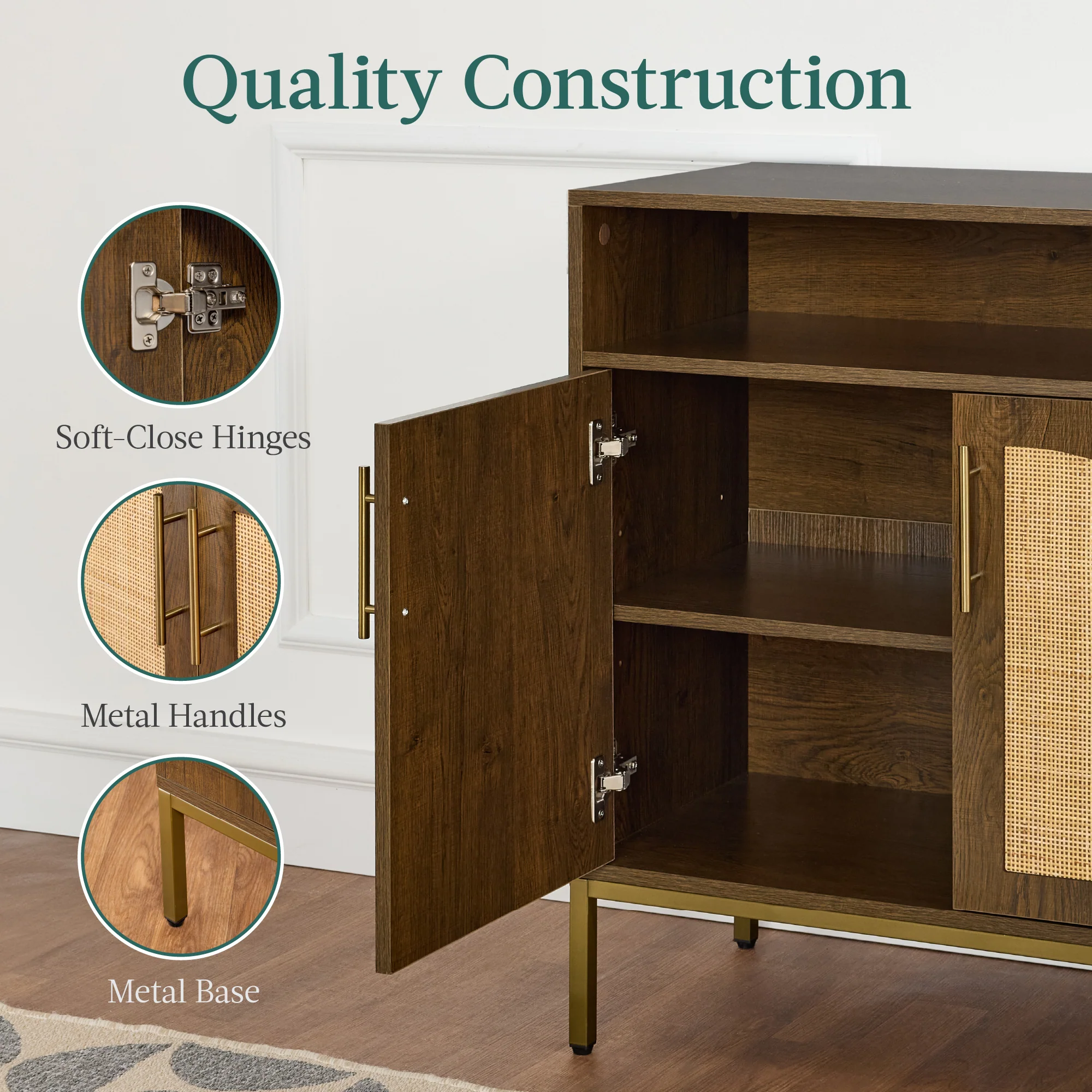 2-Door Rattan Cabinet, Buffet, w/ Cord Cutout & Storage Shelf, Natural - Image 30