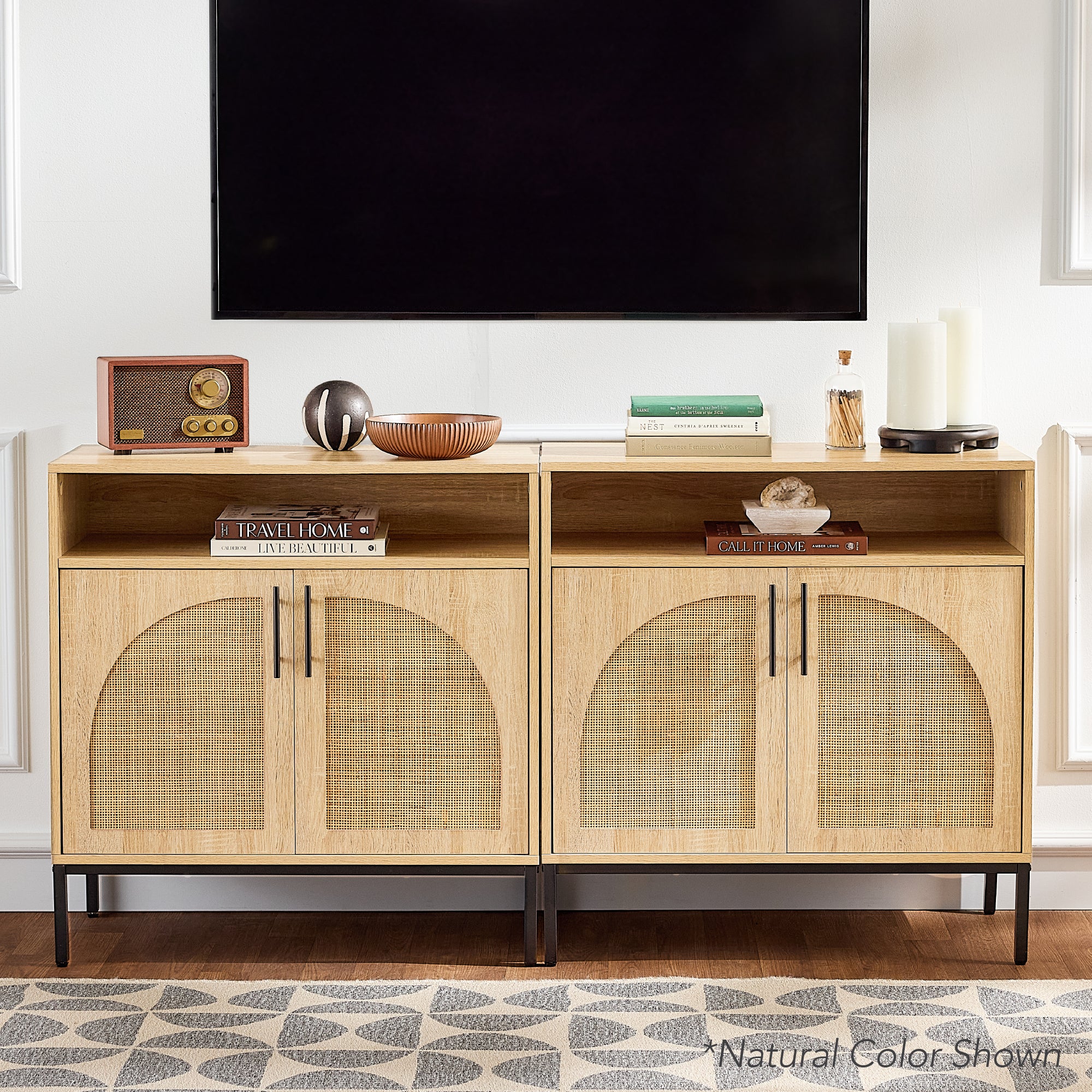 2-Door Rattan Cabinet, Buffet, w/ Cord Cutout & Storage Shelf, Natural - Image 31