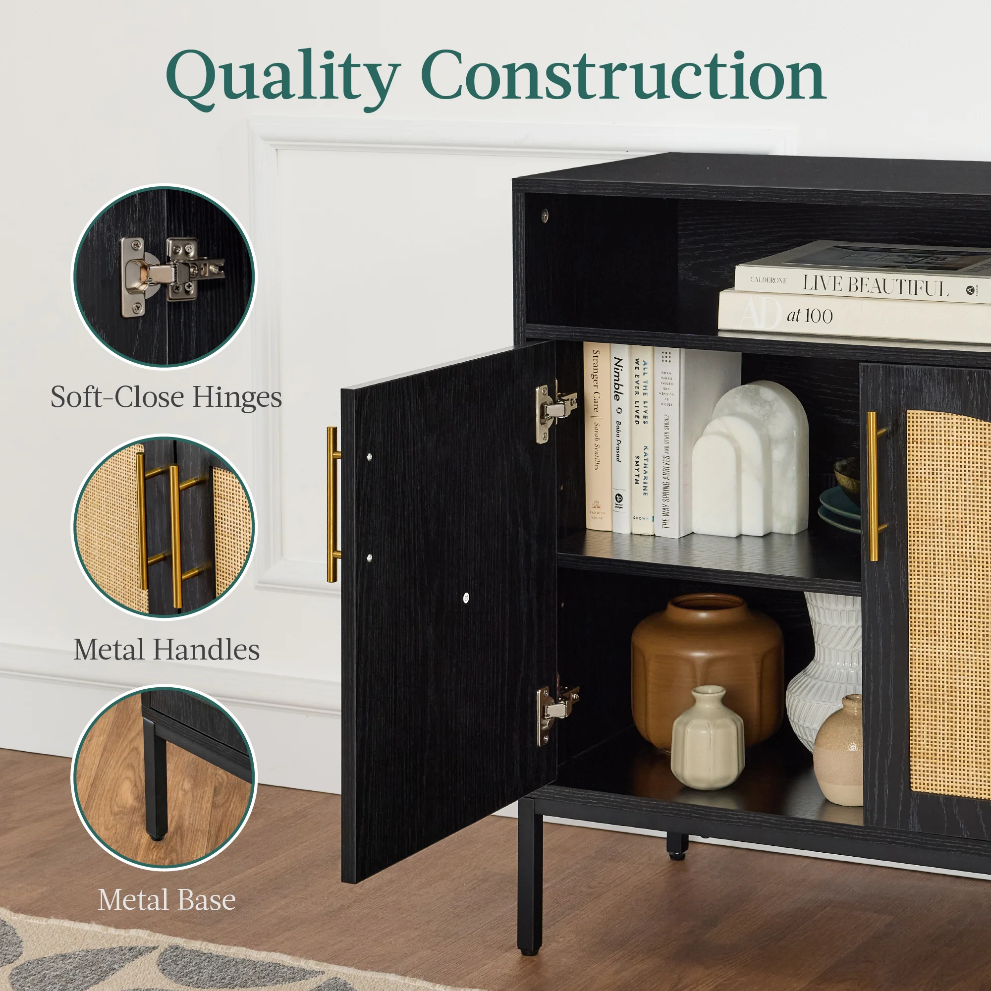 2-Door Rattan Cabinet, Buffet, w/ Cord Cutout & Storage Shelf, Natural - Image 6