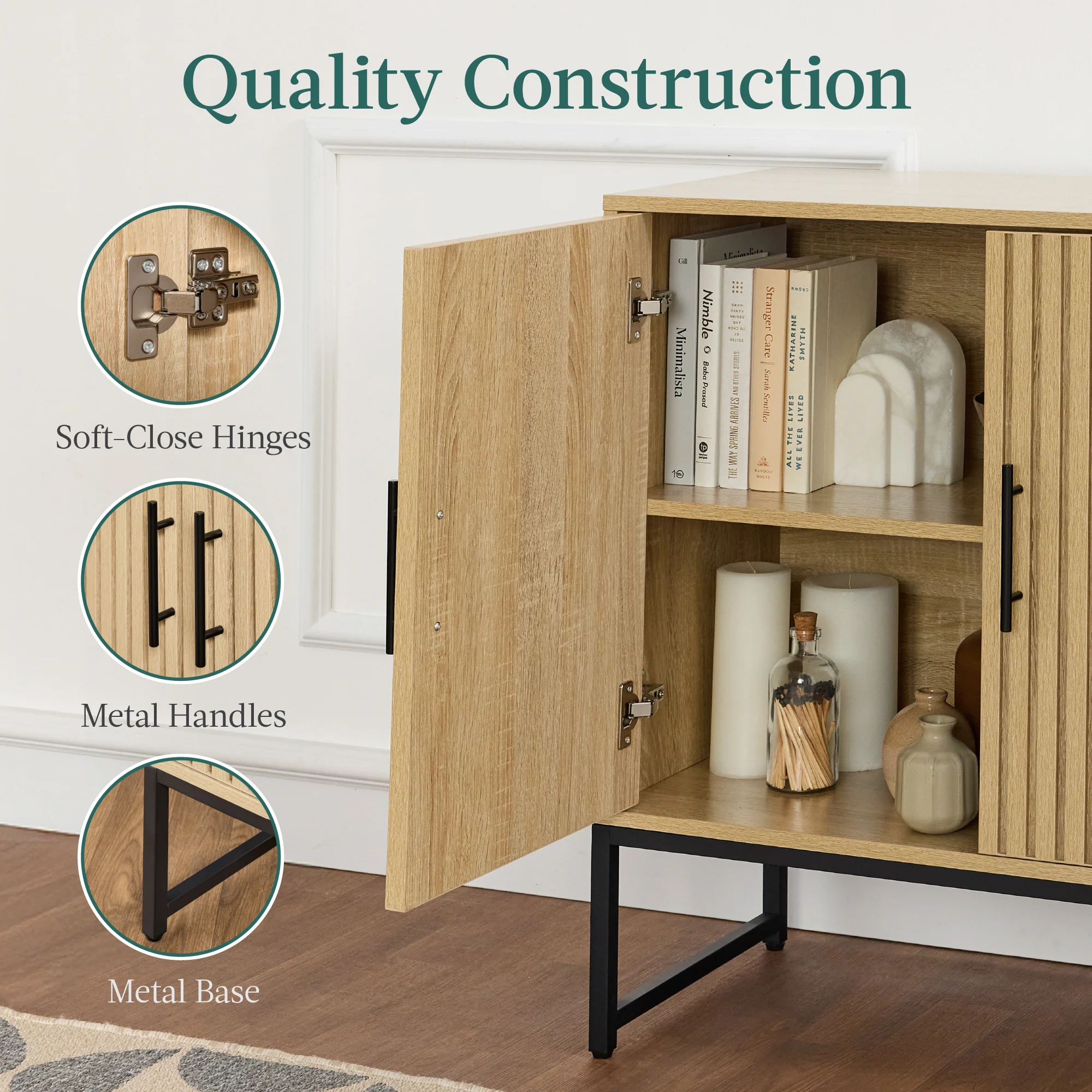 2-Door Slatted Storage Cabinet Accent Furniture w/ Foot Pads - Image 14