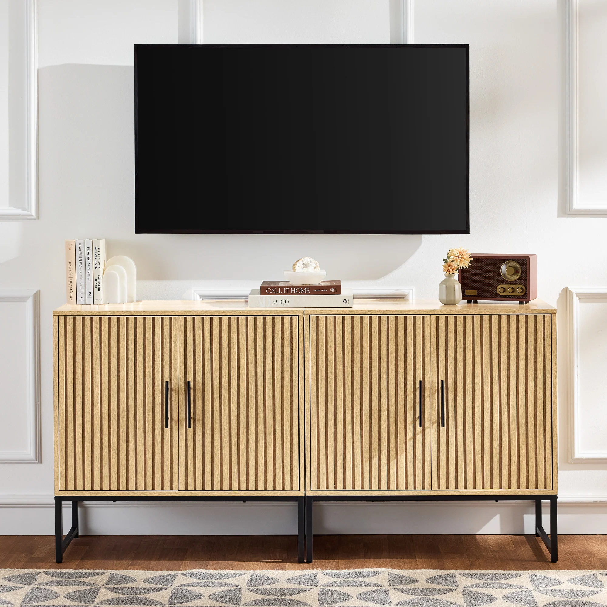 2-Door Slatted Storage Cabinet Accent Furniture w/ Foot Pads - Image 15