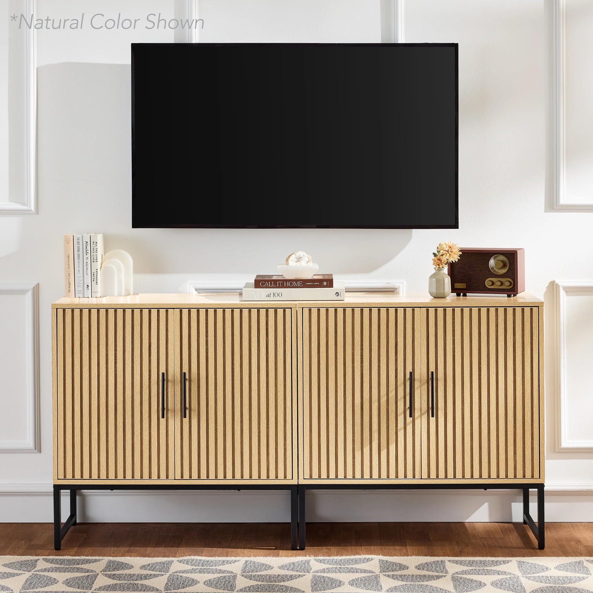2-Door Slatted Storage Cabinet Accent Furniture w/ Foot Pads - Image 23