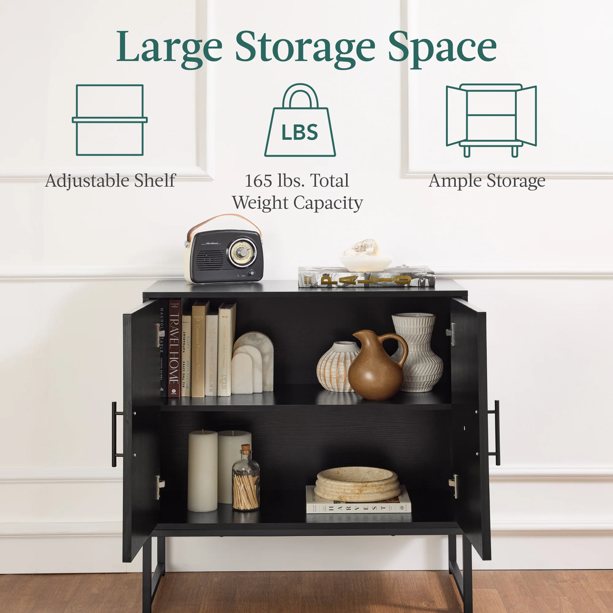 2-Door Slatted Storage Cabinet Accent Furniture w/ Foot Pads - Image 5