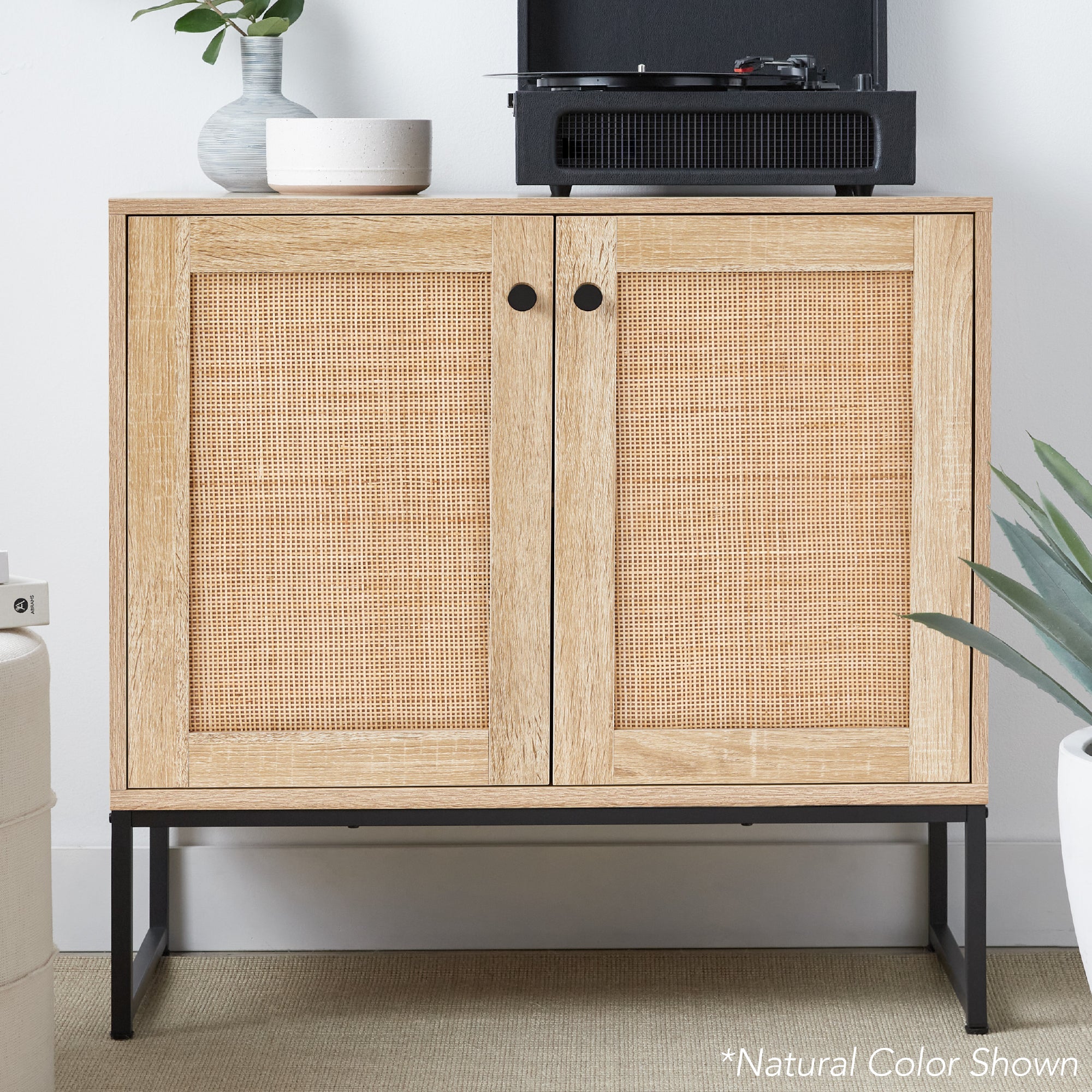 2-Door Rattan Storage Cabinet Accent Furniture for Living Room w/ Foot Pads - Image 11