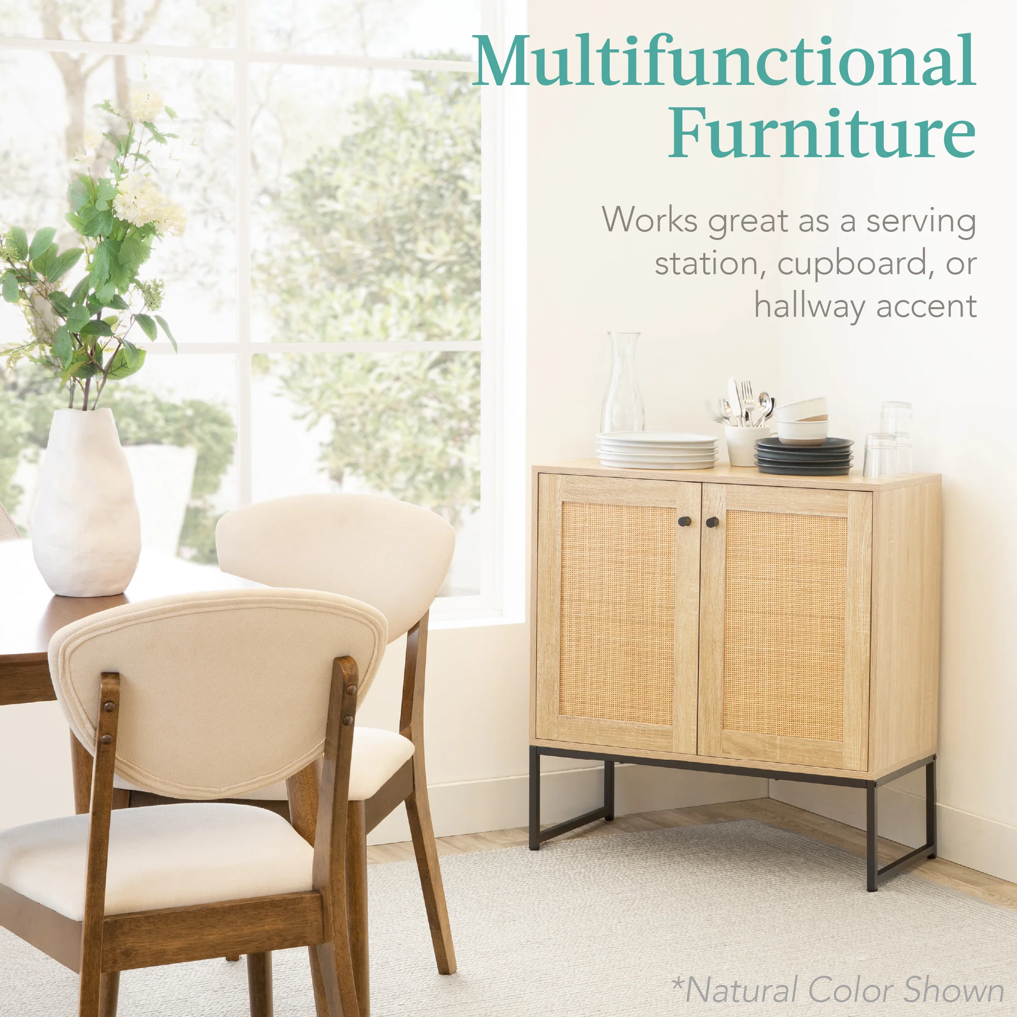 2-Door Rattan Storage Cabinet Accent Furniture for Living Room w/ Foot Pads - Image 14