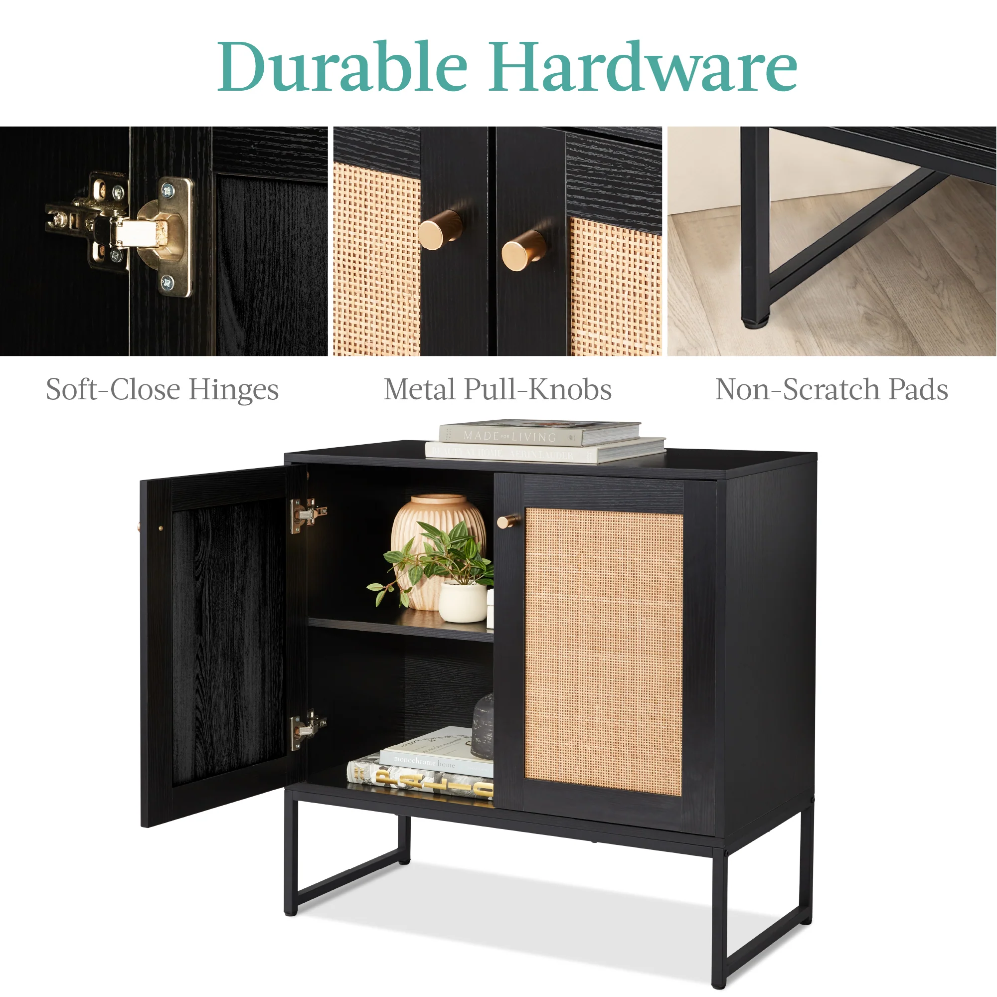 2-Door Rattan Storage Cabinet Accent Furniture for Living Room w/ Foot Pads - Image 16