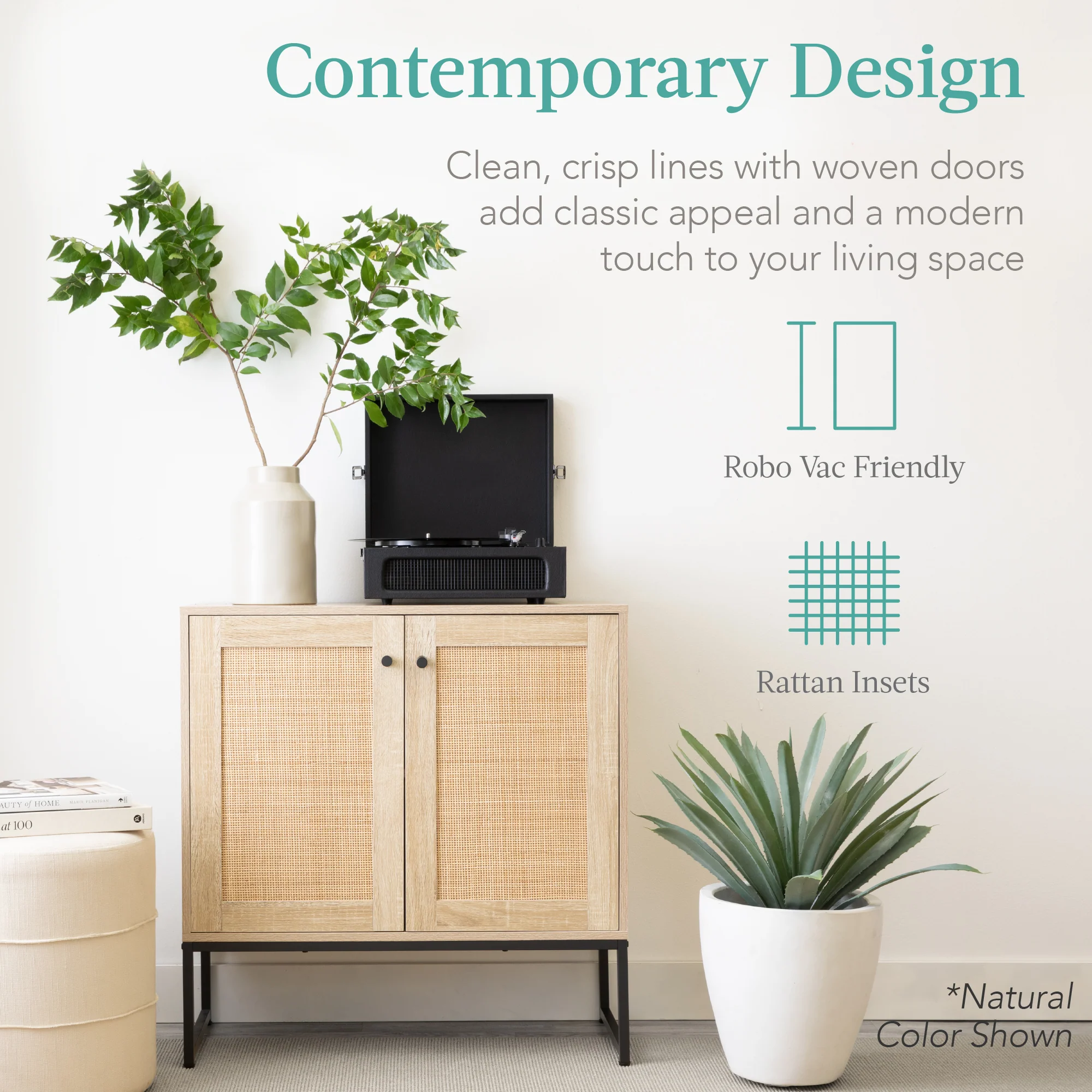 2-Door Rattan Storage Cabinet Accent Furniture for Living Room w/ Foot Pads - Image 19