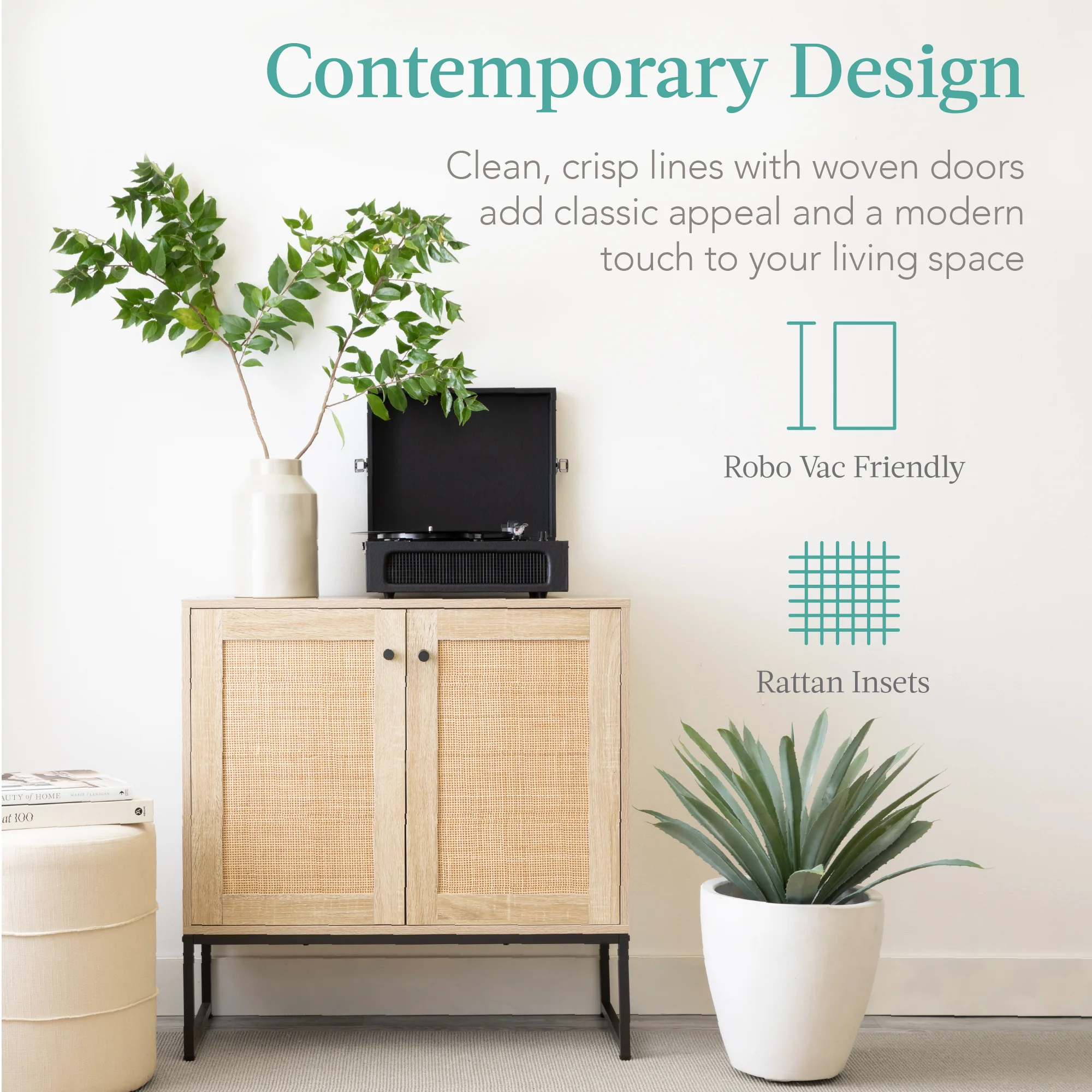 2-Door Rattan Storage Cabinet Accent Furniture for Living Room w/ Foot Pads - Image 5
