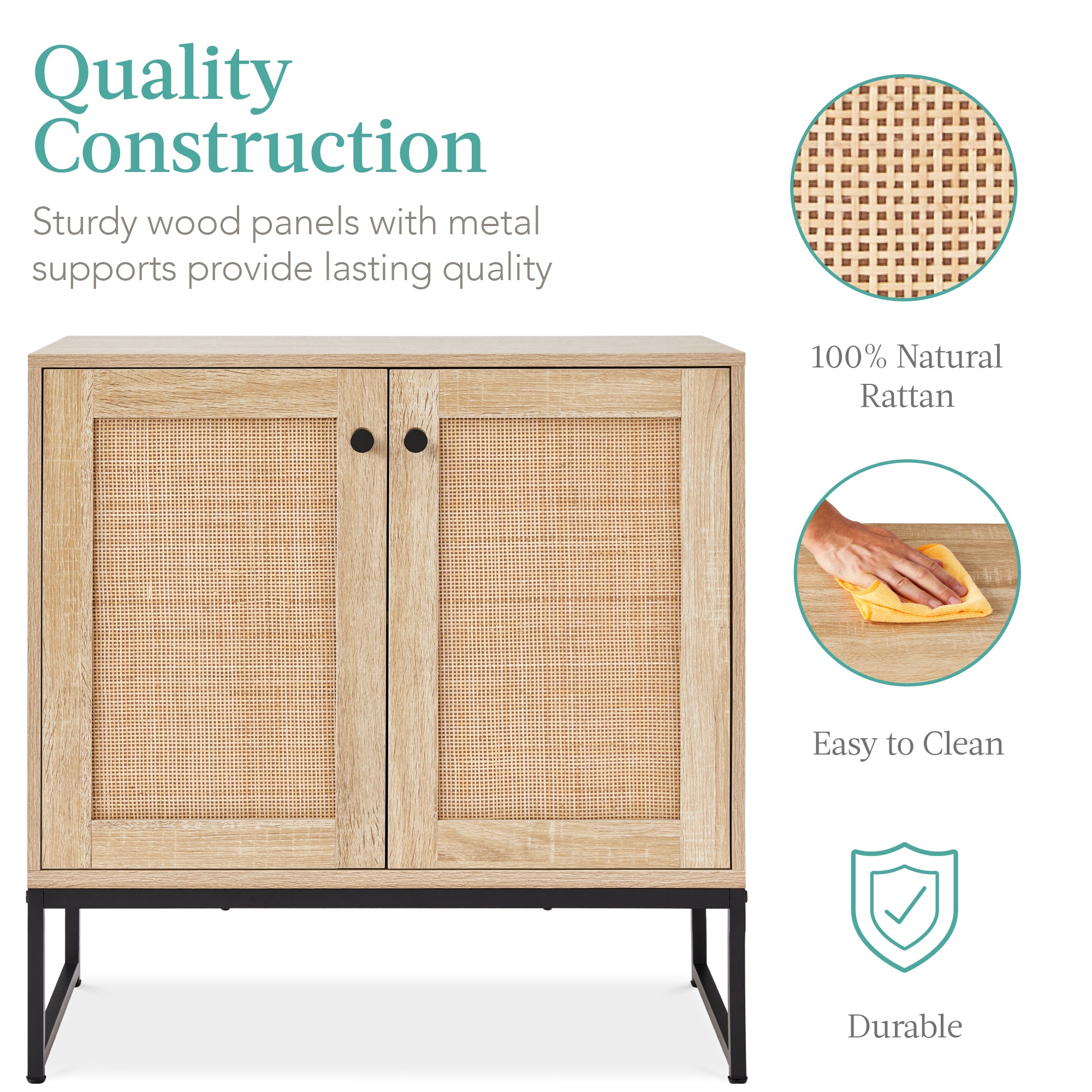 2-Door Rattan Storage Cabinet Accent Furniture for Living Room w/ Foot Pads - Image 7