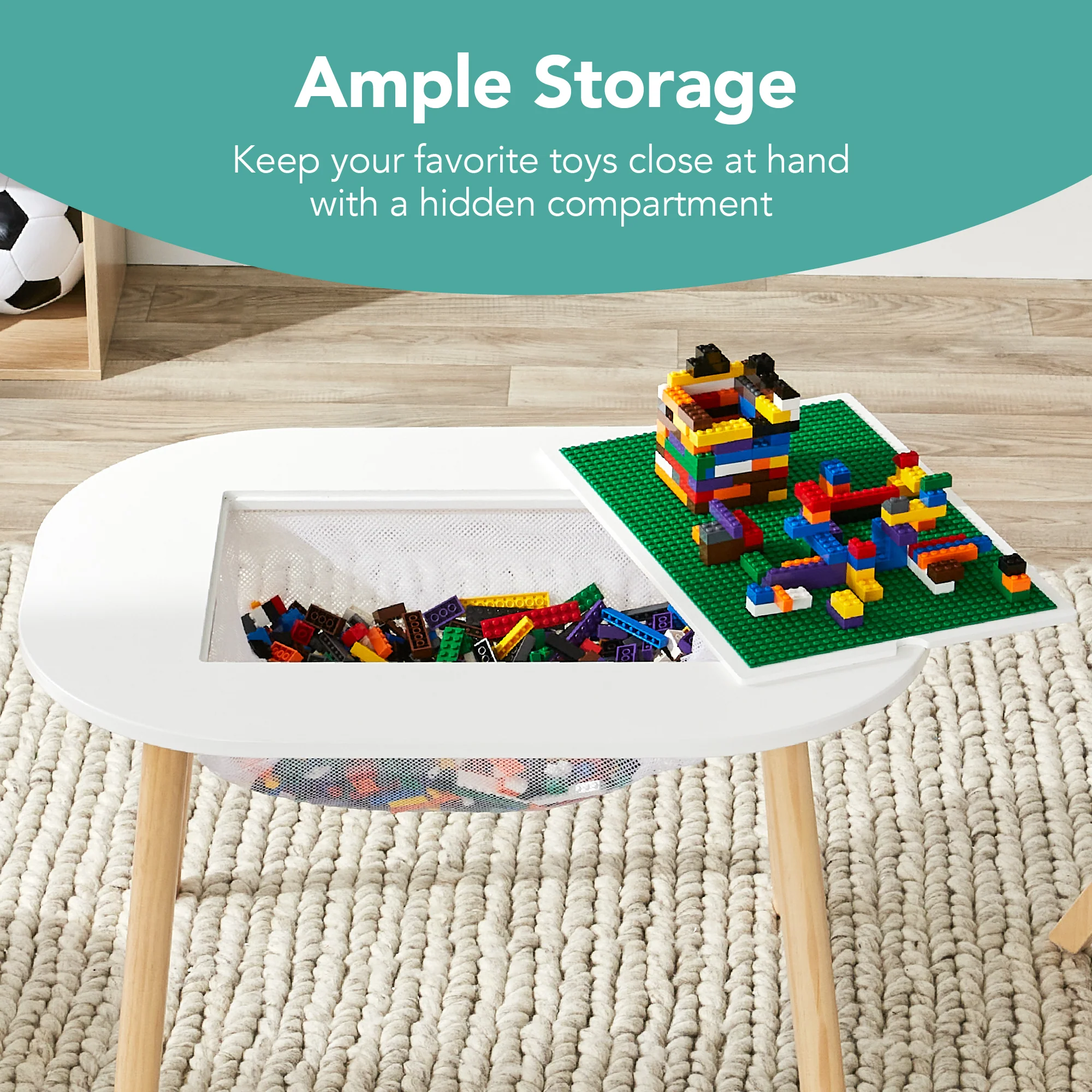 2-in-1 Kid's Building Block Table w/ 2 Stools, Storage Compartment - Image 5