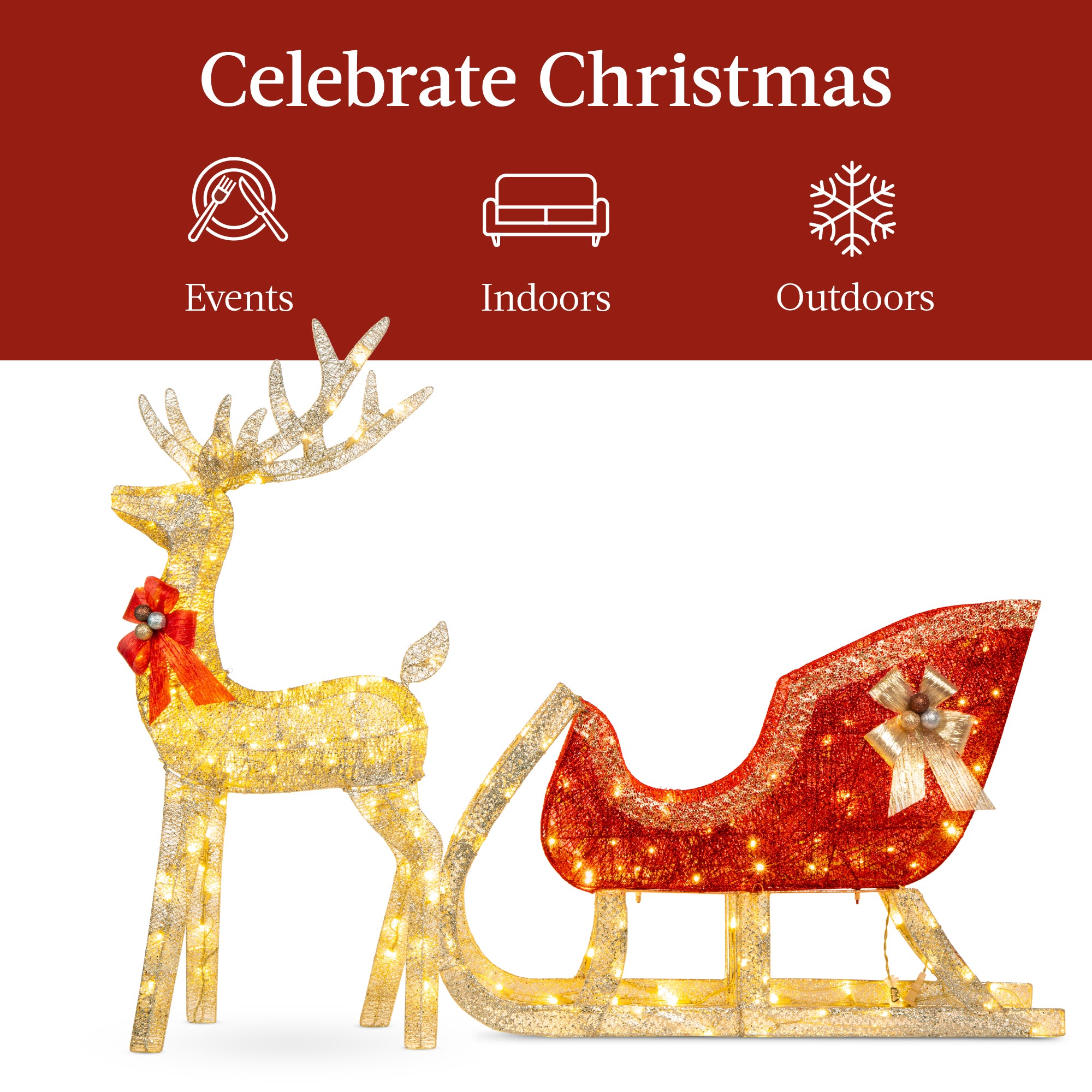 Lighted Christmas Reindeer & Sleigh Outdoor Decor Set w/ LED Lights - Image 24