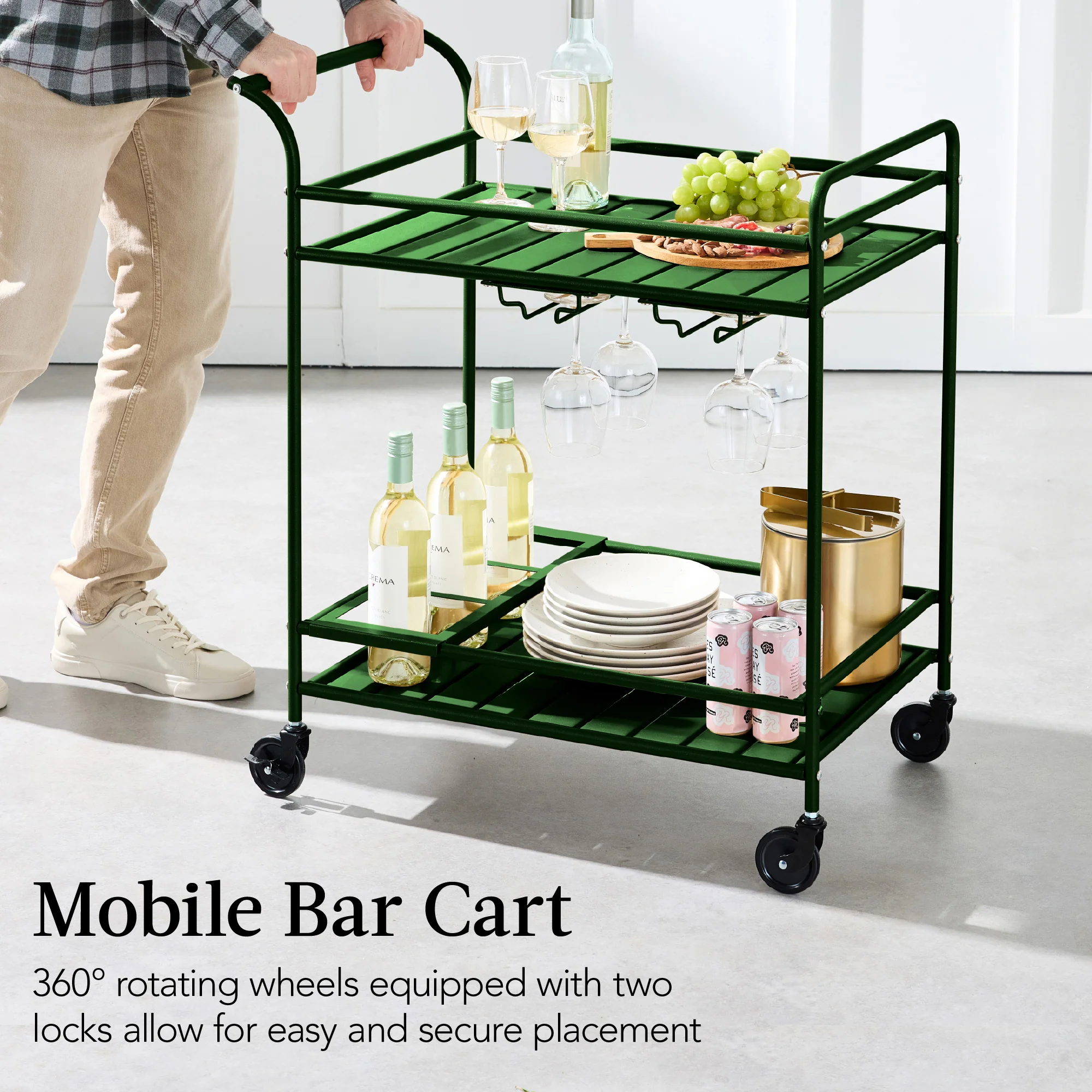 2-Tier Rolling Bar Cart Indoor/Outdoor w/ Shelves, Wine Rack, Locking Wheels - Image 13