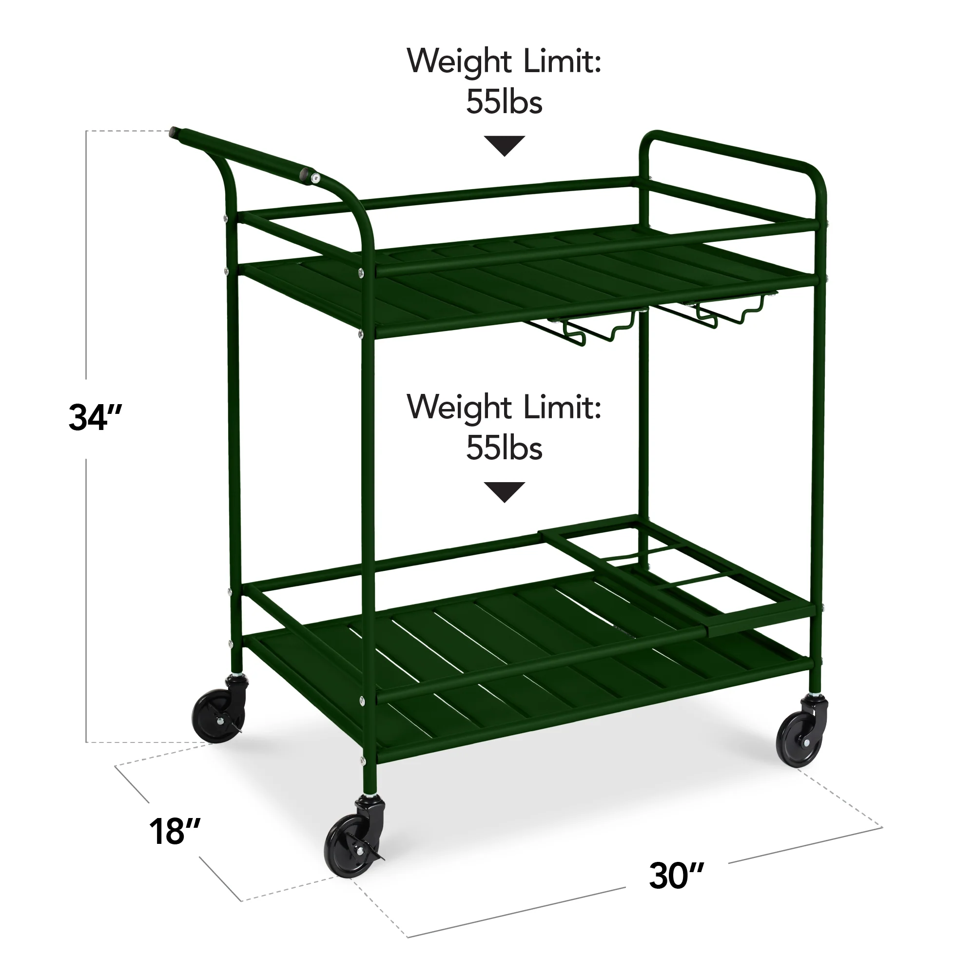 2-Tier Rolling Bar Cart Indoor/Outdoor w/ Shelves, Wine Rack, Locking Wheels - Image 2