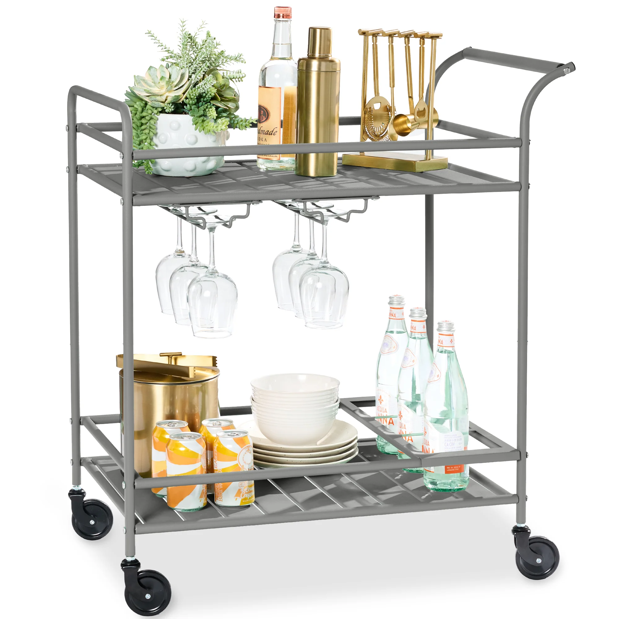 2-Tier Rolling Bar Cart Indoor/Outdoor w/ Shelves, Wine Rack, Locking Wheels - Image 33