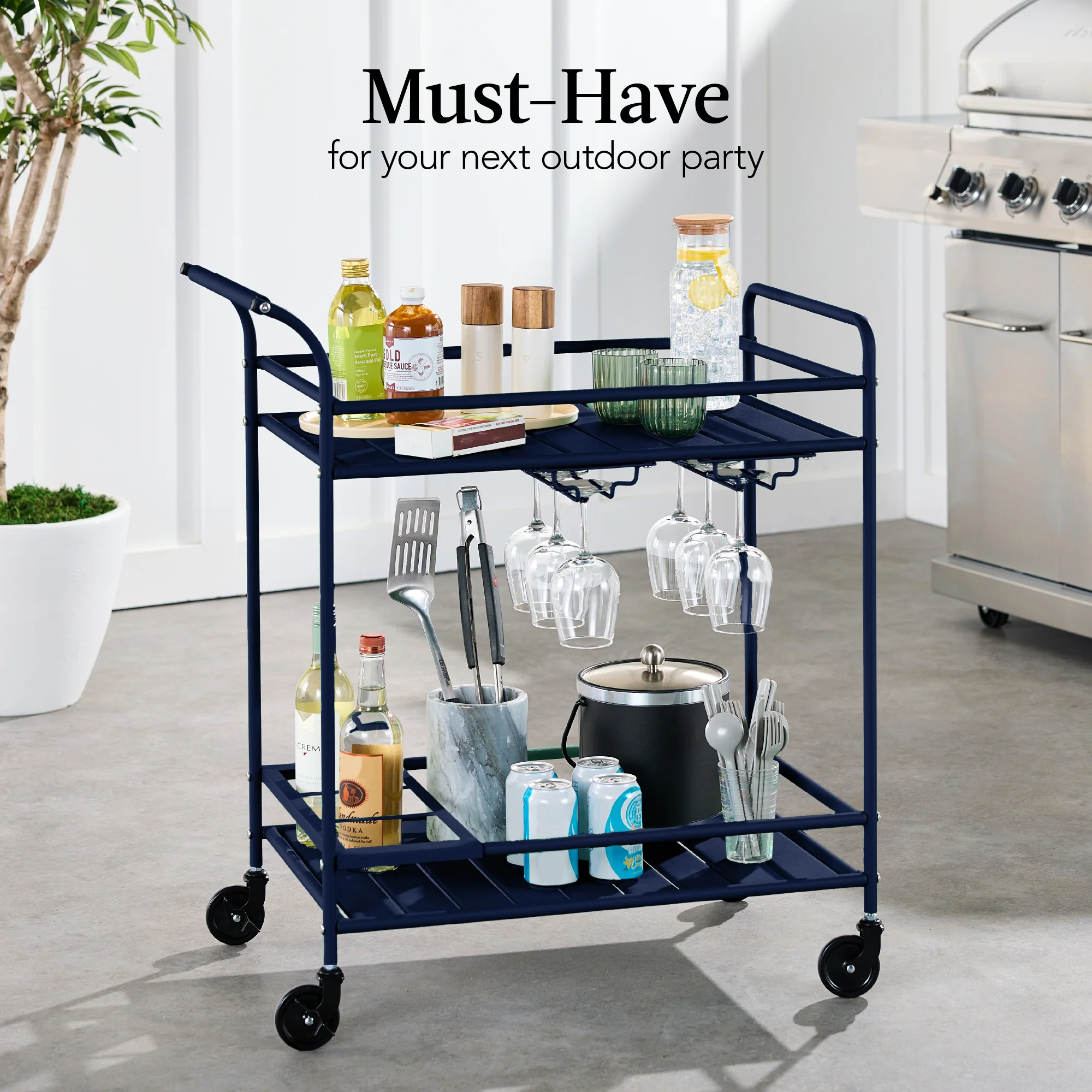 2-Tier Rolling Bar Cart Indoor/Outdoor w/ Shelves, Wine Rack, Locking Wheels - Image 43