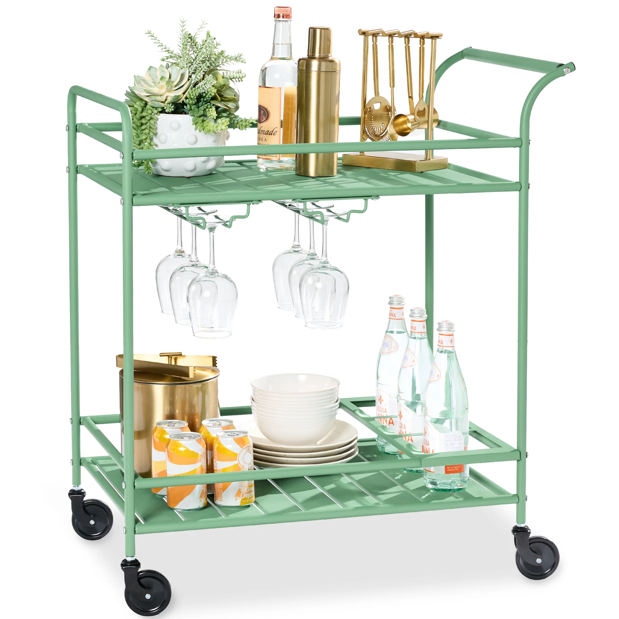 2-Tier Rolling Bar Cart Indoor/Outdoor w/ Shelves, Wine Rack, Locking Wheels - Image 49