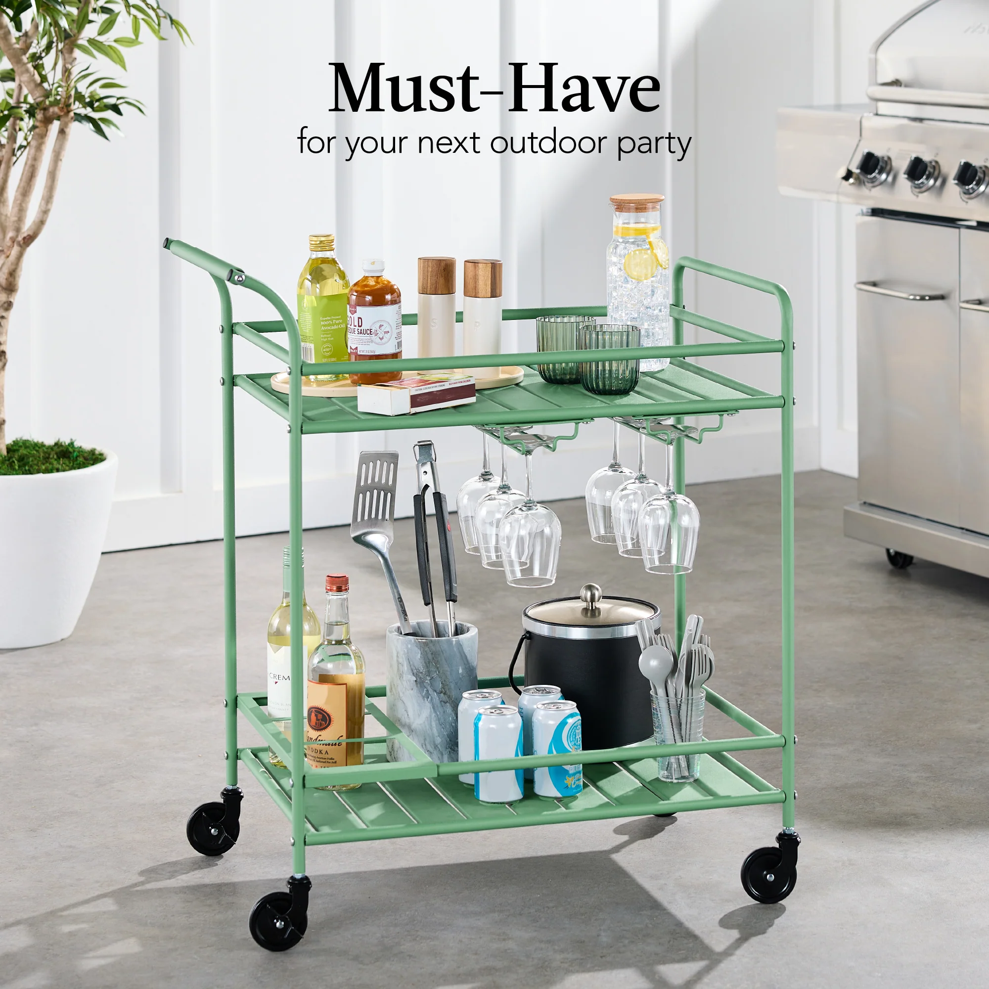 2-Tier Rolling Bar Cart Indoor/Outdoor w/ Shelves, Wine Rack, Locking Wheels - Image 51